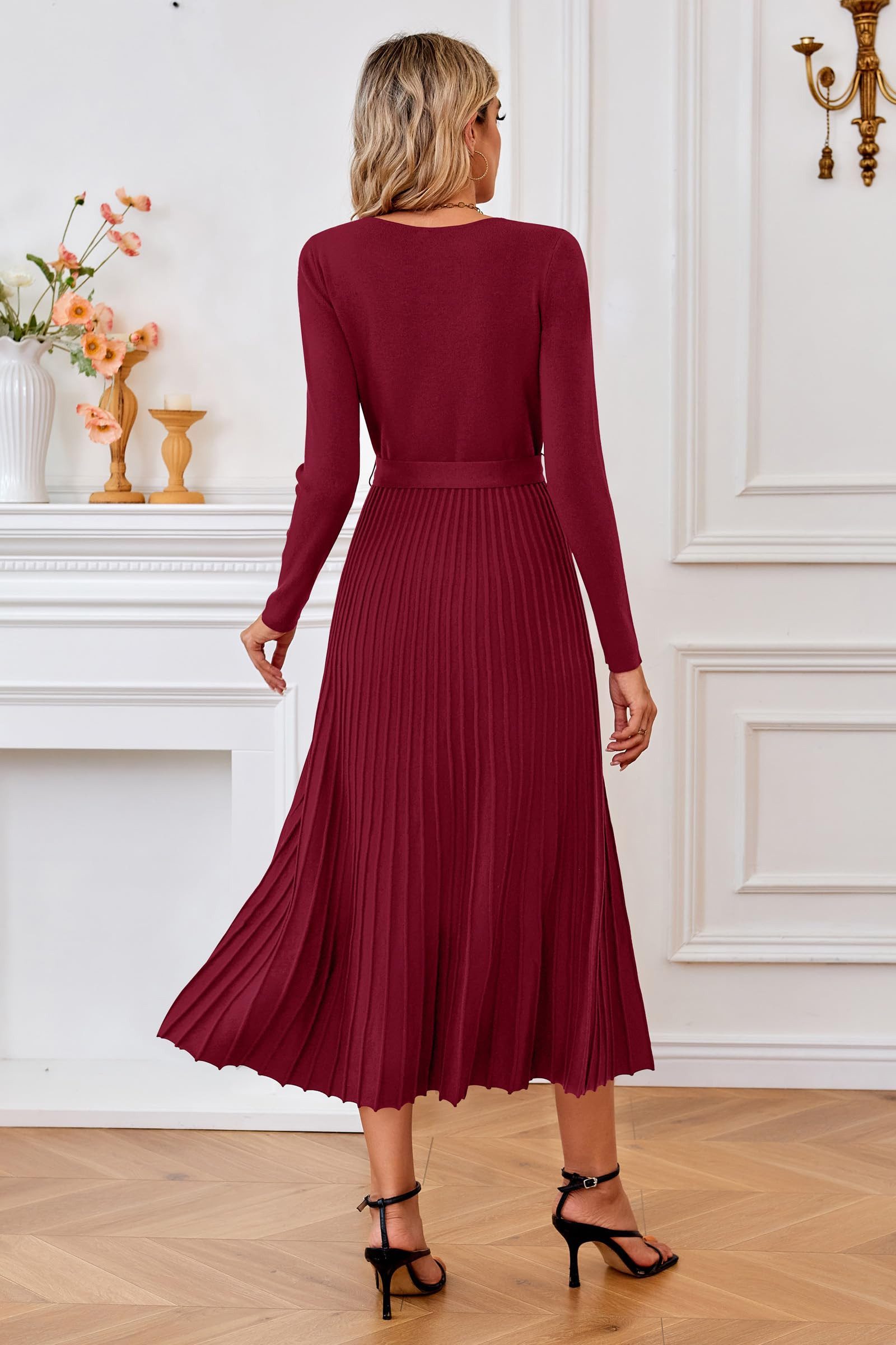Arach&Cloz Strickkleid Damen Pulloverkleid Herbst Winterkleid Lang Plissee V-Ausschnitt Langarm Elegant Midi Kleider Winter
