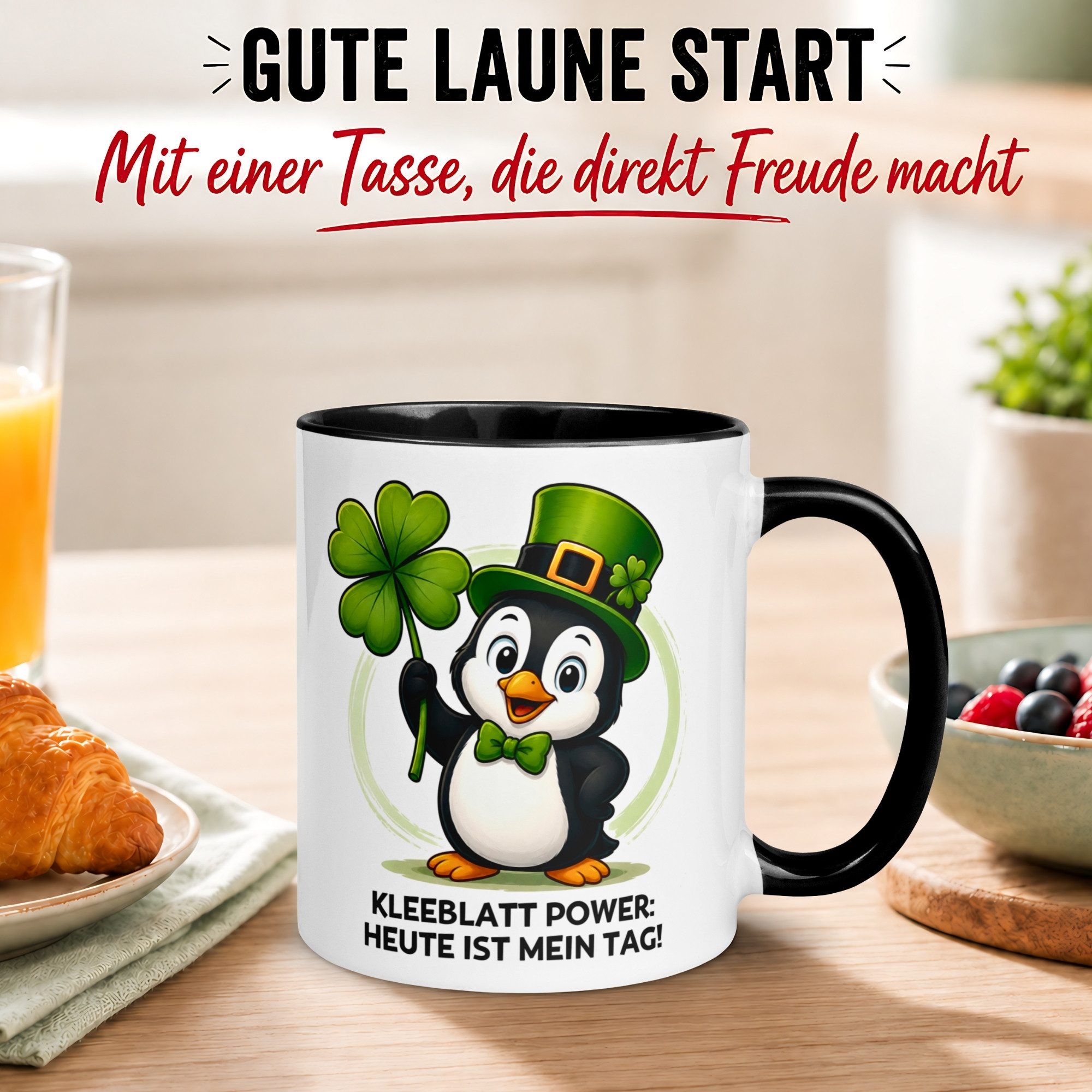 Momentals Tasse Pinguin – „Kleeblatt Power - Heute ist mein Tag“ – lustiges Geschenk, Gratis Versand · Links-&Rechtshänder · Spülmaschinenfest