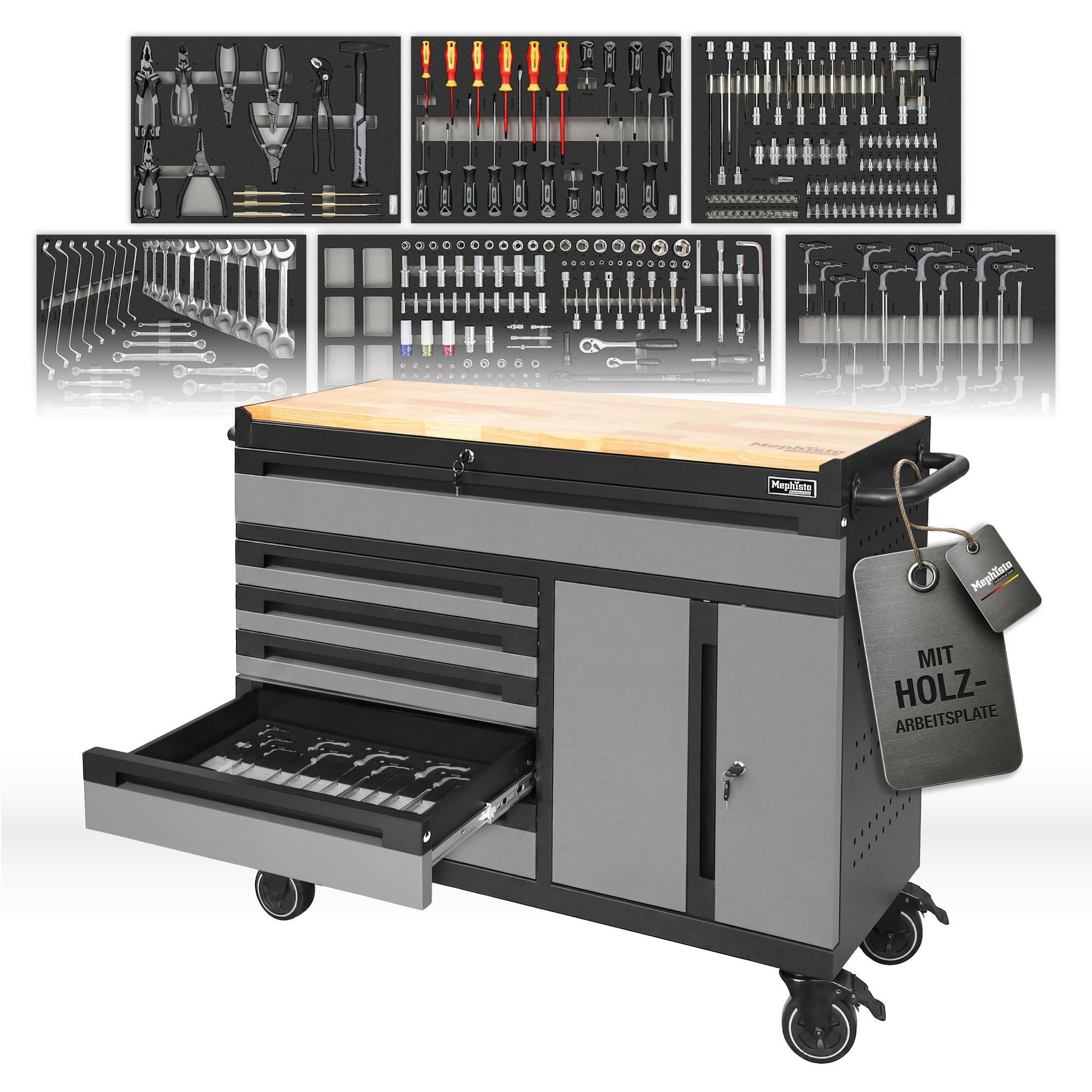 Mephisto-Tools Werkzeugwagen, (fertig montiert und bestückt), 6 Schubladen bis zu 40 kg belastbar & 1 Doppeltür, 4 Schlüssel inkl.