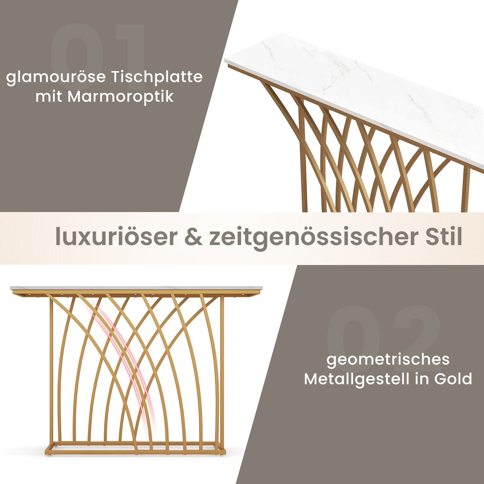 geometrischer gold COSTWAY schmal, Konsolentisch, 120cm Metallrahmen, Marmor,