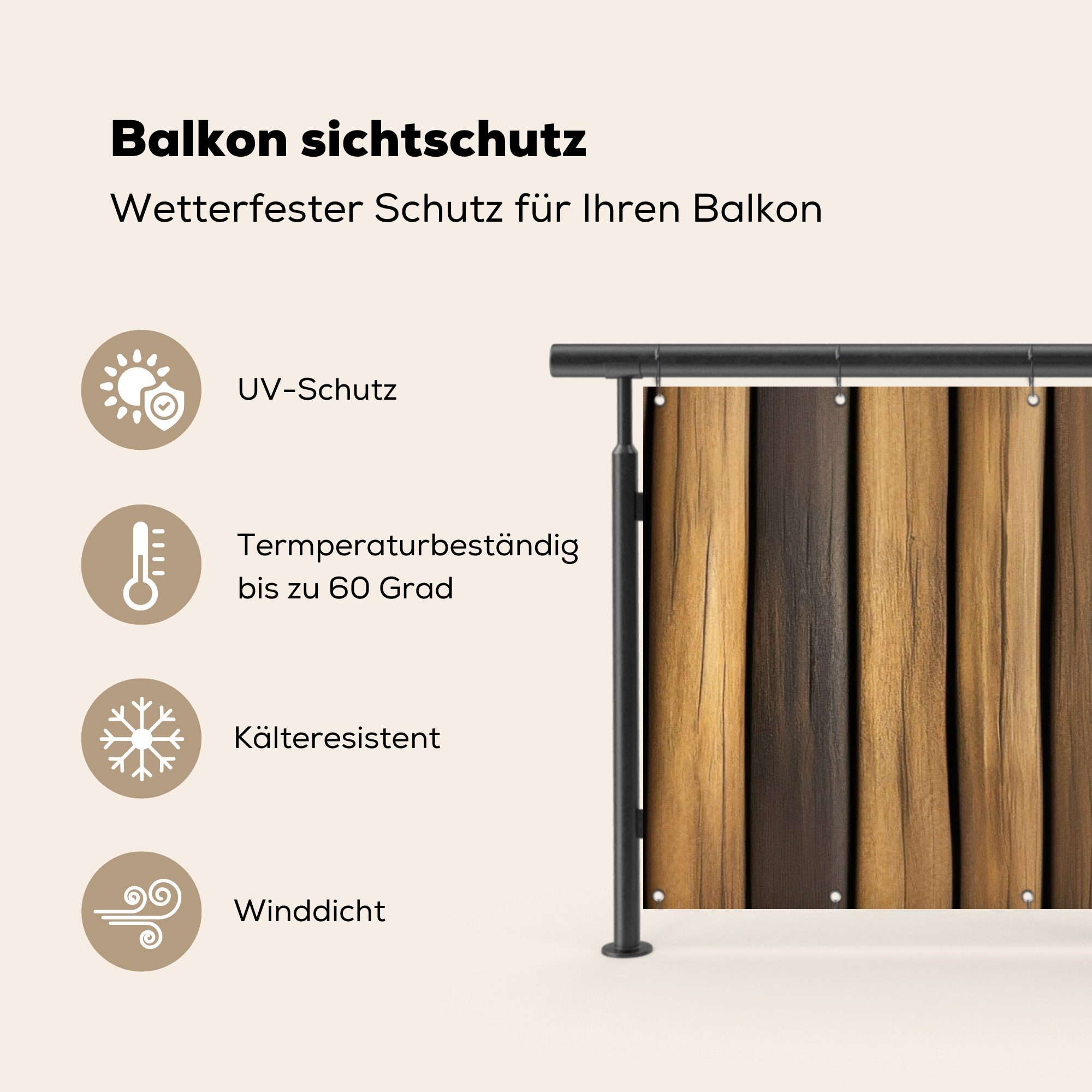MuchoWow Balkonsichtschutz Holz - Dielen - Naturtöne (1-St) Balkon Sichtschutz 90x200, Windschutz für Zaun PVC, 200x90 cm