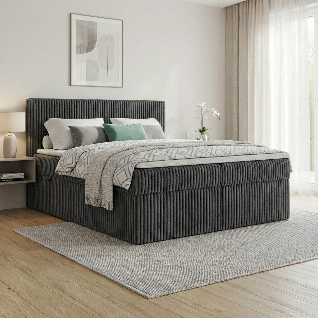 A&J MöbelLand GmbH Boxspringbett RALF mit Bettkasten, Topper und gepolstertem Kopfteil. (Boxspringbett mit Bettkasten und gepolstertem Kopfteil)