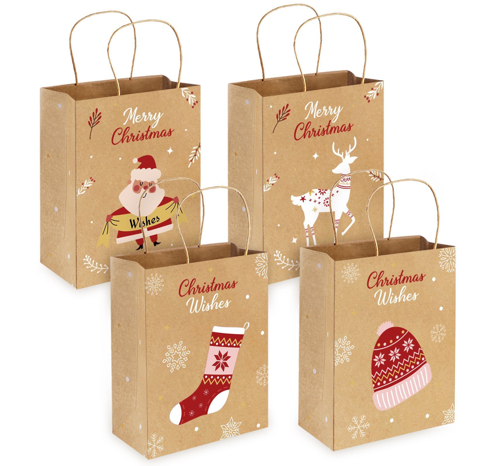 Homewit Christbaumschmuck Papiertüten Weihnachten Geschenktüten mit Kraftpapier Geschenktaschen (24-tlg), mit verschiedenen Weihnachtsmotiven Geschenke Mitgebsel Beige