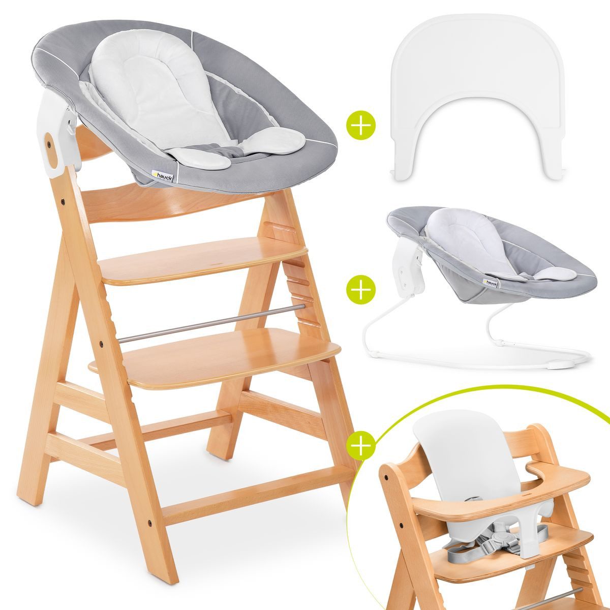 Hauck Hochstuhl Alpha Plus Newborn Set - Natur, Holz Babystuhl ab Geburt mit Neugeborenenaufsatz, Essbrett & Baby Seat