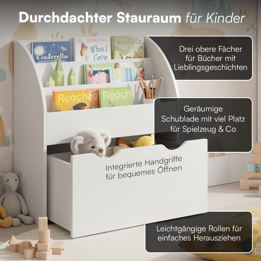Bellabino Kinderregal Koro mit offenen Fächern, weiß, Bücherregal, Spielzeugaufbewahrung, 3 Fächer für Bücher, 1 geräumige Schublade – Bild 4 von 5