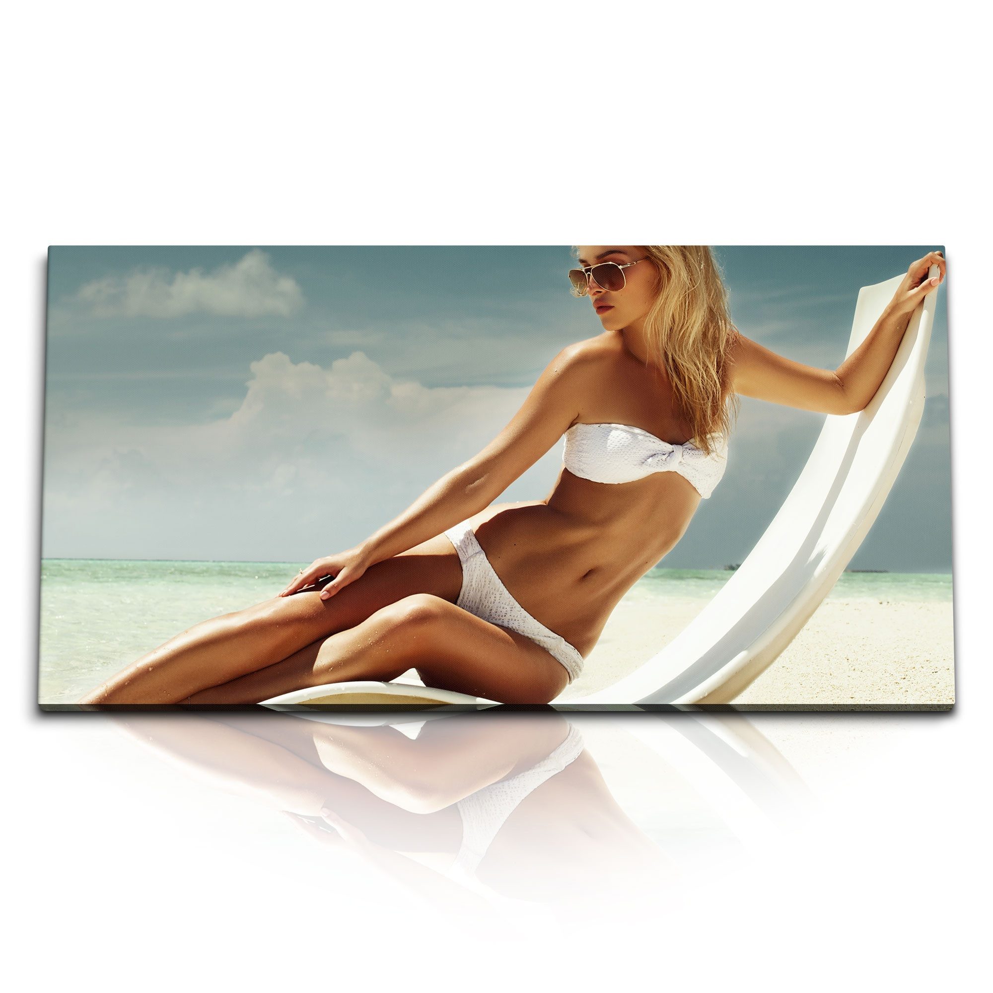 Leinwandbild Kunstdruck Bilder 120x60cm Junge Frau am Strand Bikini Sexy Sonnensche