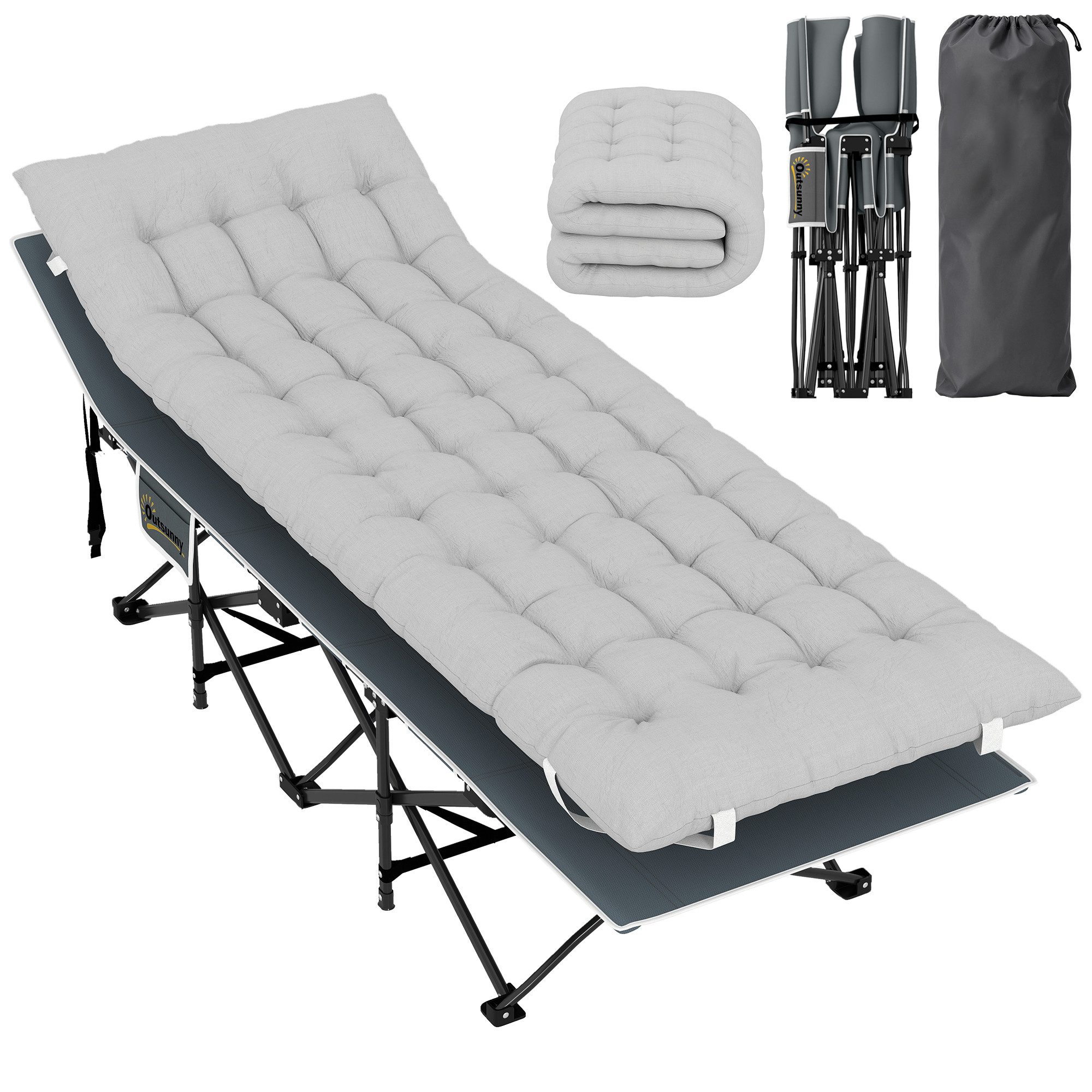 Outsunny Feldbett Campingliege für Erwachsene Klappbett mit Matratze Kopfkissen (Gästebett bis 150 kg, 1-St., faltbar Campingbett) 185 x 68 x 37 cm, für Outdoor, Garten Camping Reisen Hellgrau