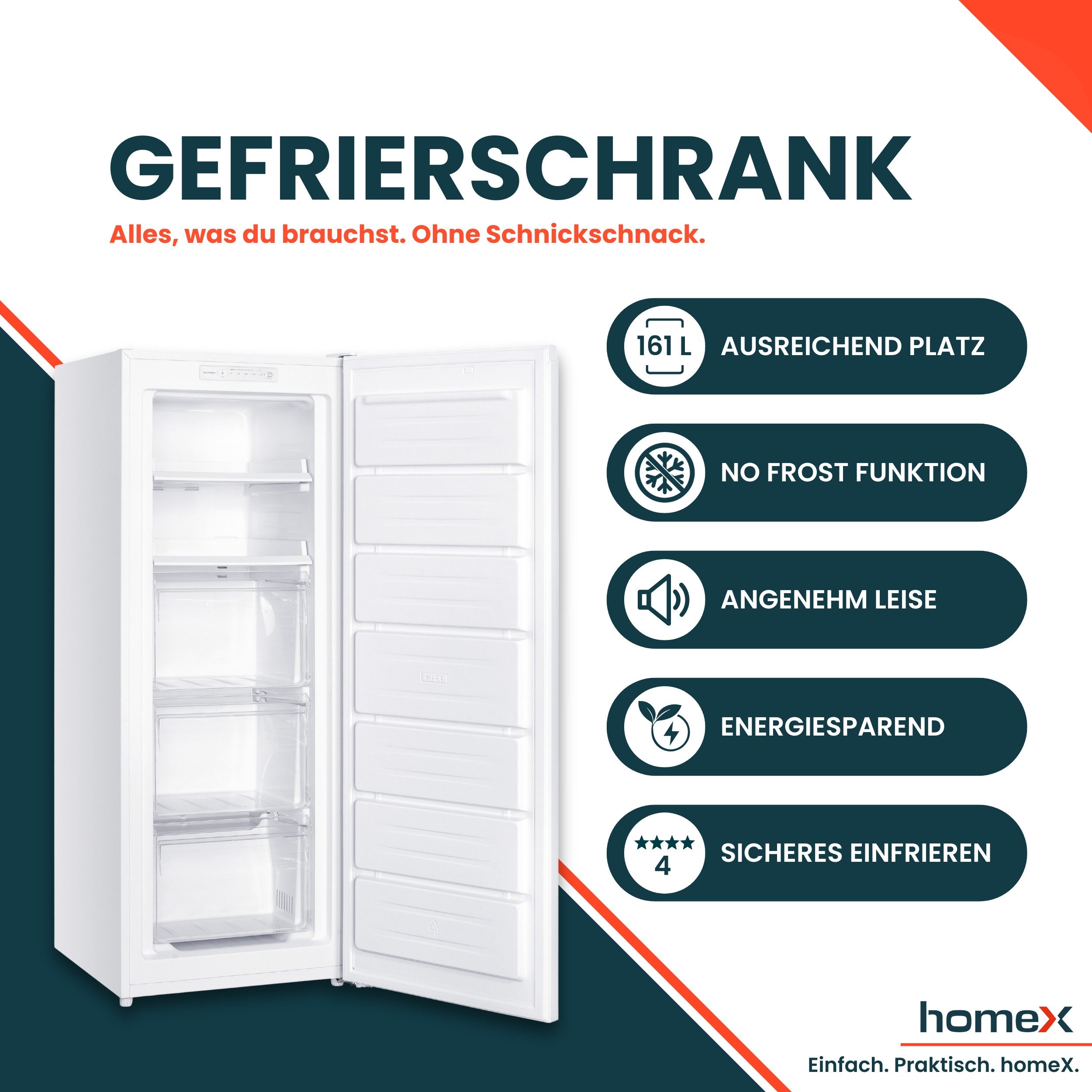 homeX Gefrierschrank FSN1611E-W, 143 cm hoch, 54 cm breit, No Frost, 161 Liter, Tiefkühlschrank groß, Freezer, 4-Sterne Gefrieren