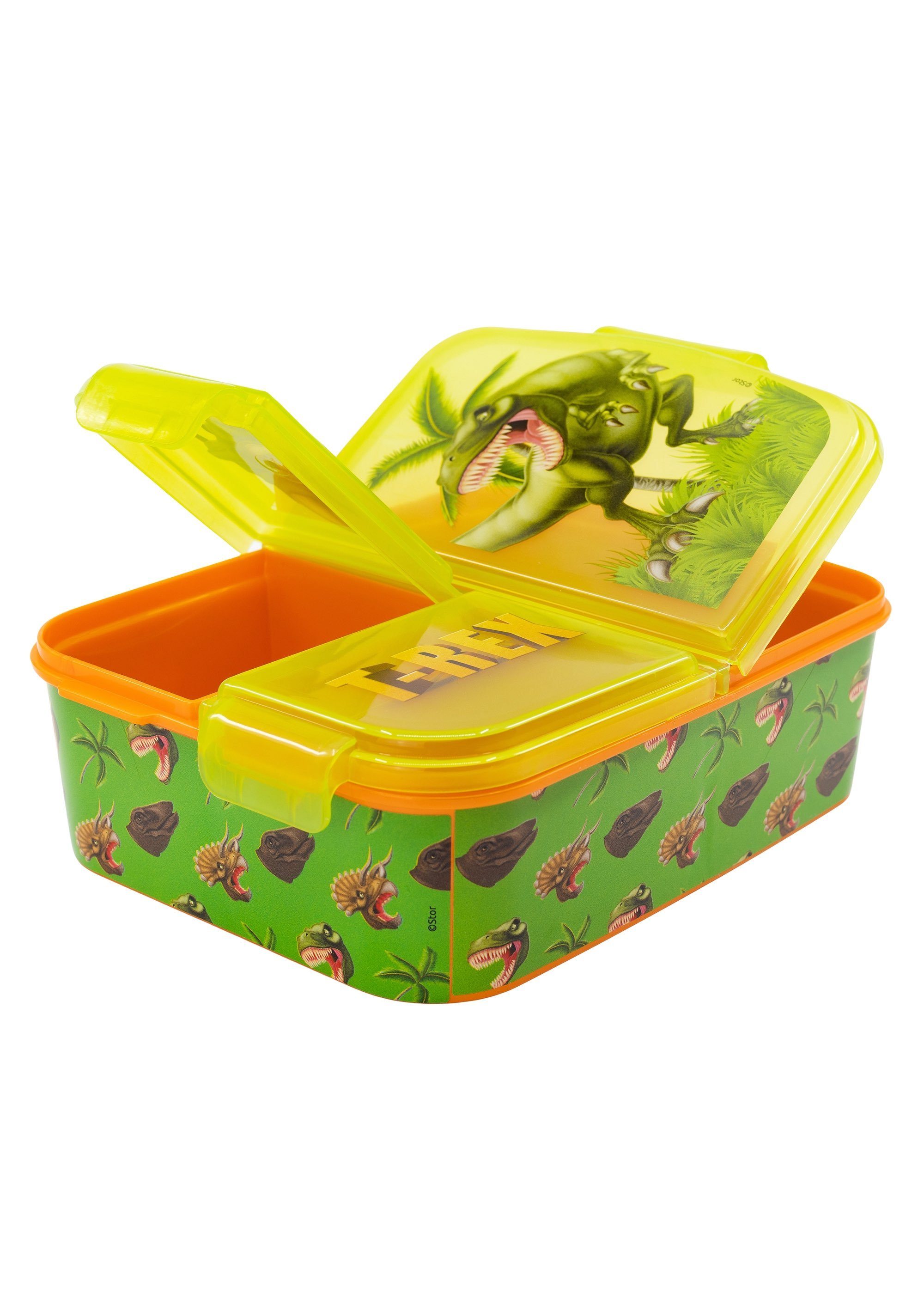Yuhu.kids 3 BPA-frei Vesperdose Lunchbox, Kinder Brotdose mit grün Lunchbox Fächern T-Rex Dinosaurier Stor