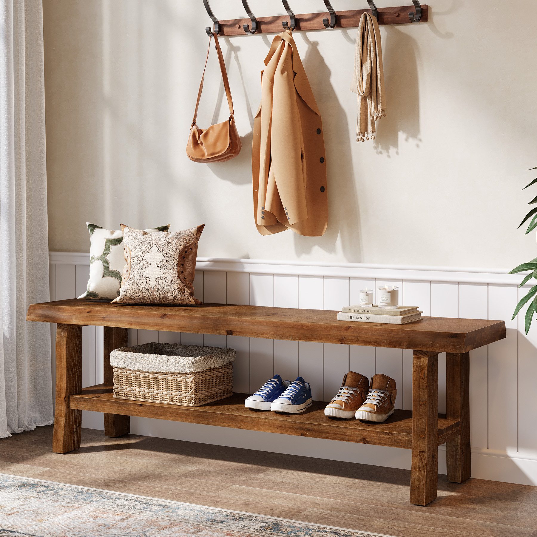 Tribesigns Schuhbank Sitzbank aus Massivholz 140 cm, Flurbank mit Unterregal, Braun