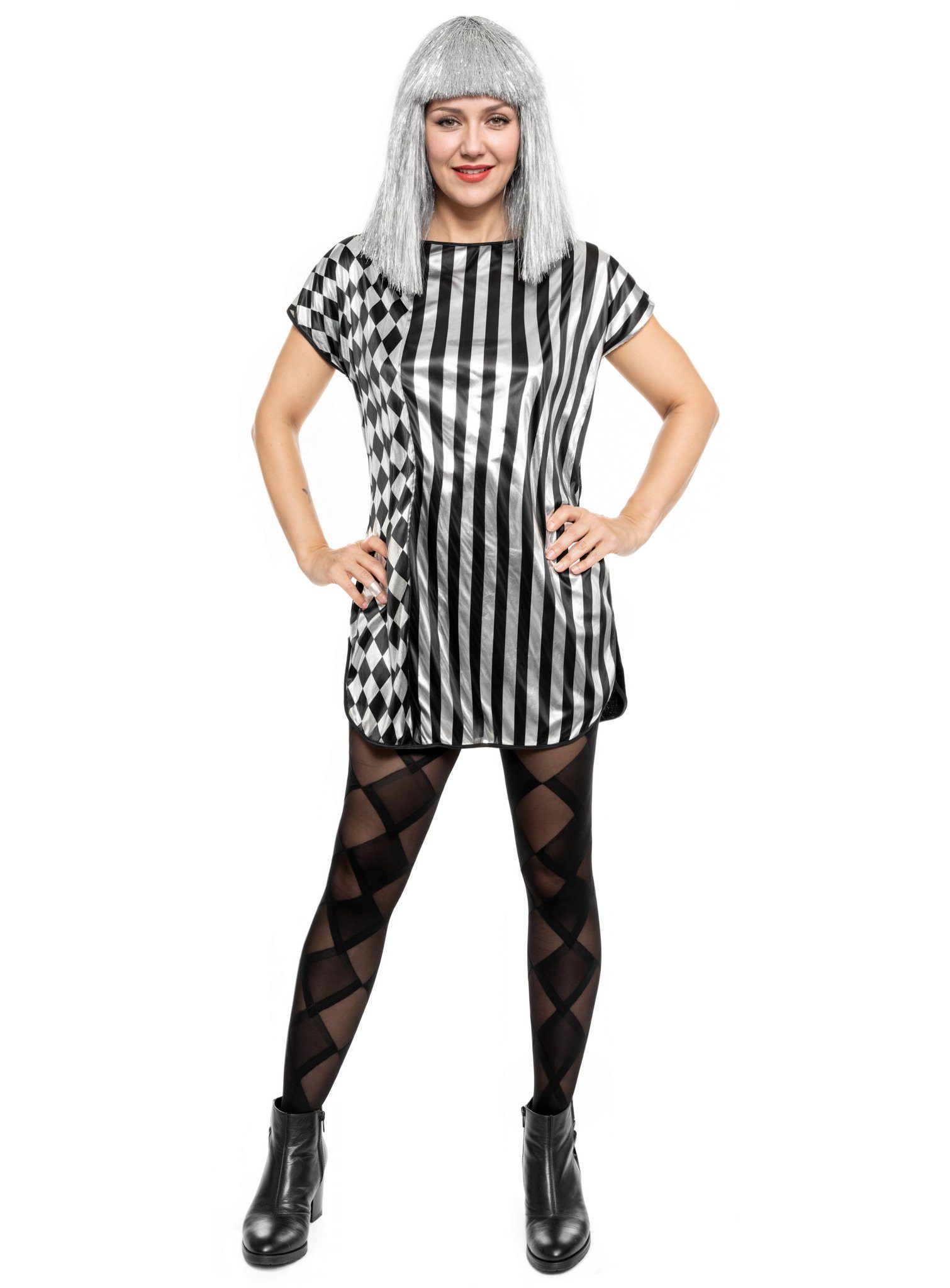 Metamorph Kostüm Schwarz-silbernes Blusenkleid - Fasching Halloween, Metallisch glänzender Look - als Shirt oder Kleid zu tragen