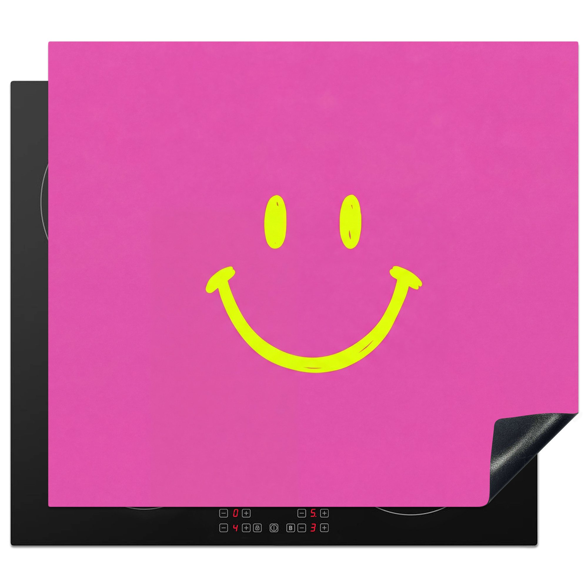 MuchoWow Herd-Abdeckplatte Smiley - Fröhlich - Rosa, Vinyl, (1 tlg), Küche Herdabdeckplatte Ceranfeld Vinyl Einteilig, 59x52 cm
