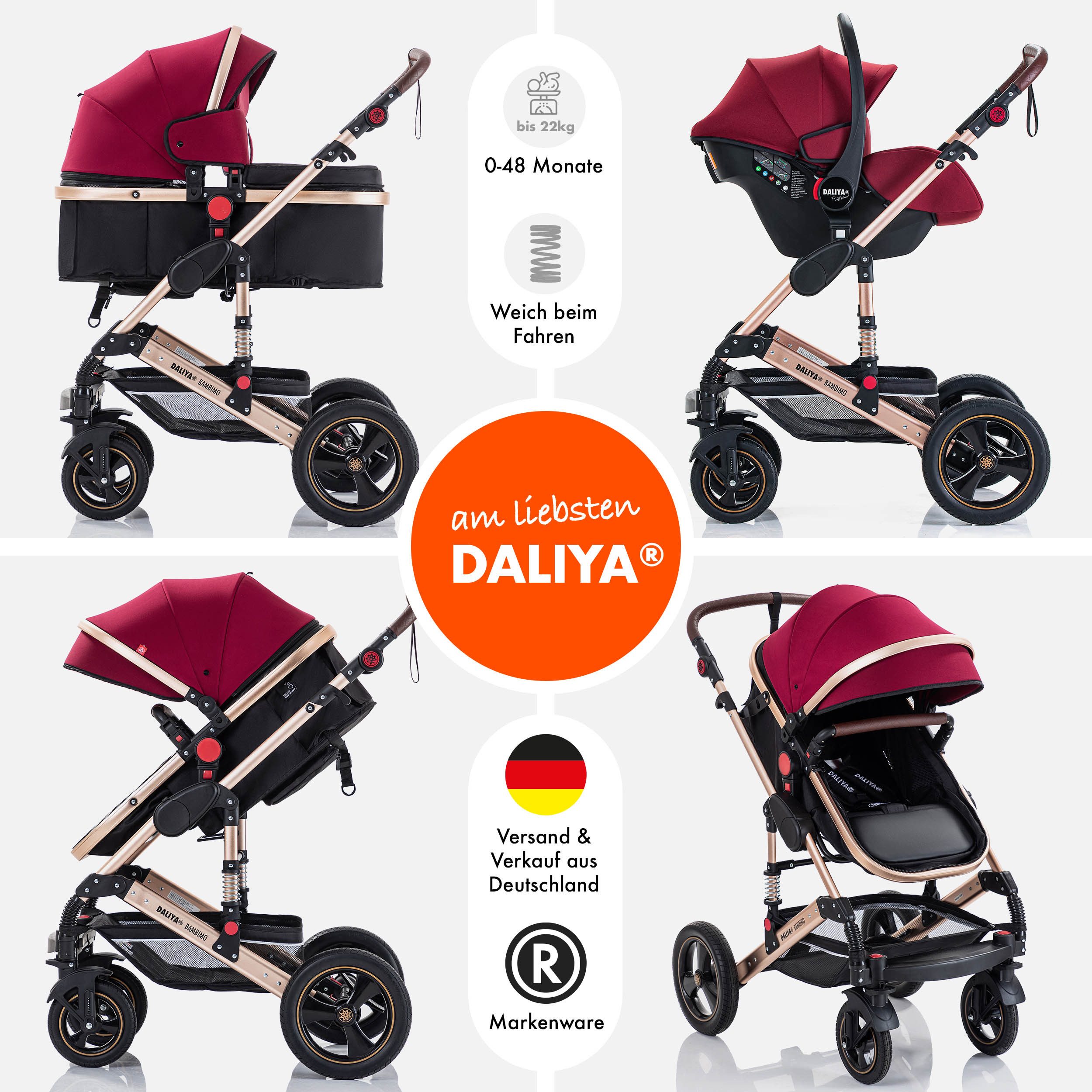 Daliya® Kombi-Kinderwagen BAMBIMO 3in1 Kinderwagen & Buggy mit Auto-Babyschale und Adapter, (XXL-Set inkl. Wickeltasche und Spieltisch, 15-tlg), Babyschale, Airless-Räder, Federung, weiche Matratze, Belüftungssystem