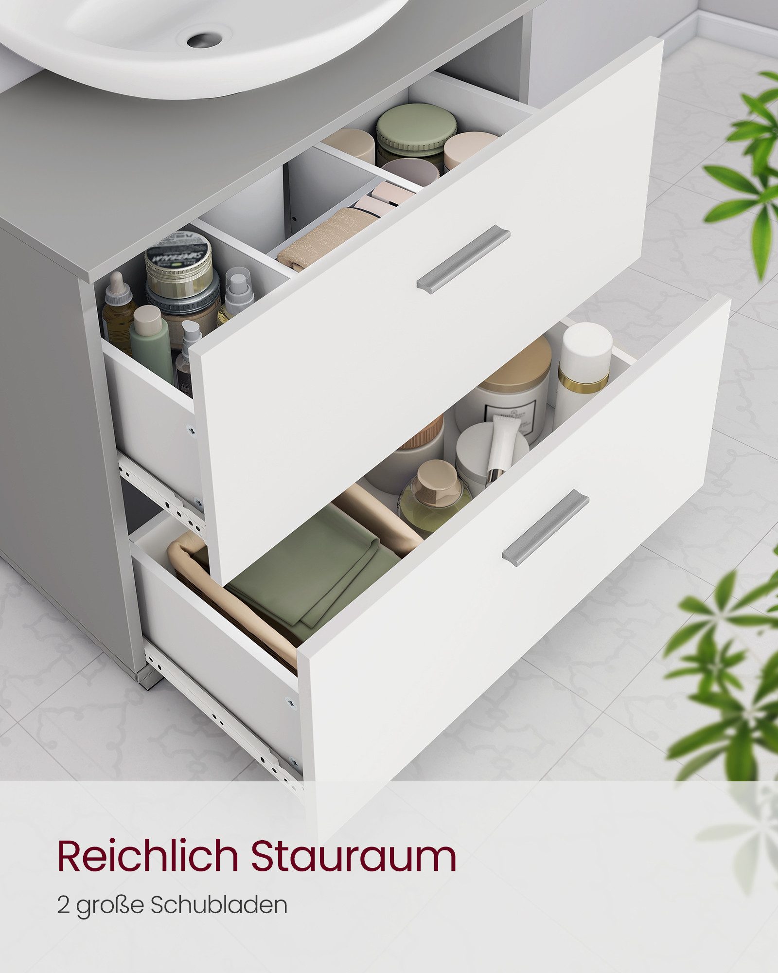 VASAGLE Waschbeckenunterschrank mit 2 großen Schubladen, Badezimmerschrank, hohe Füße, 30 x 60 x 63,8