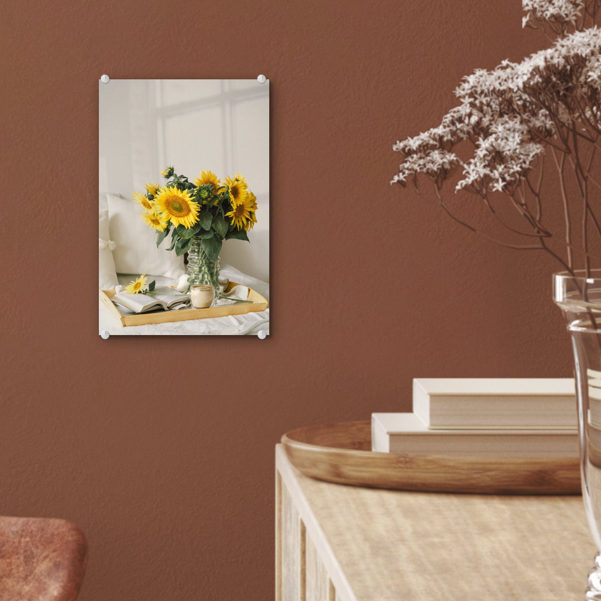 MuchoWow Acrylglasbild Bilder auf St), (1 auf Wanddekoration Glas - Tablett - - Wandbild Glas - Stilleben Foto Sonnenblumen, - Glasbilder