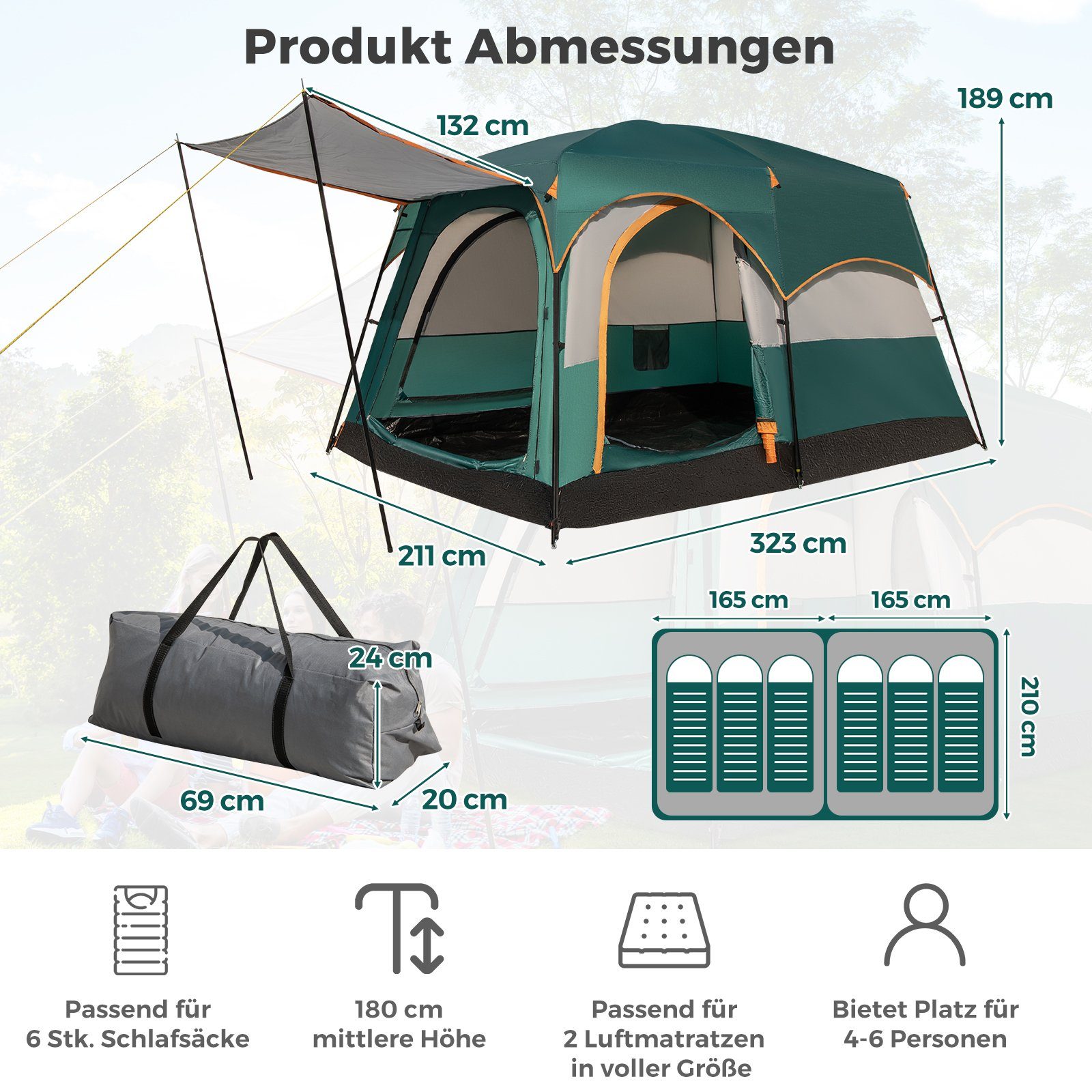 COSTWAY Kuppelzelt, Personen: 6, Camping Zelt, 323 x 211 x 189 cm