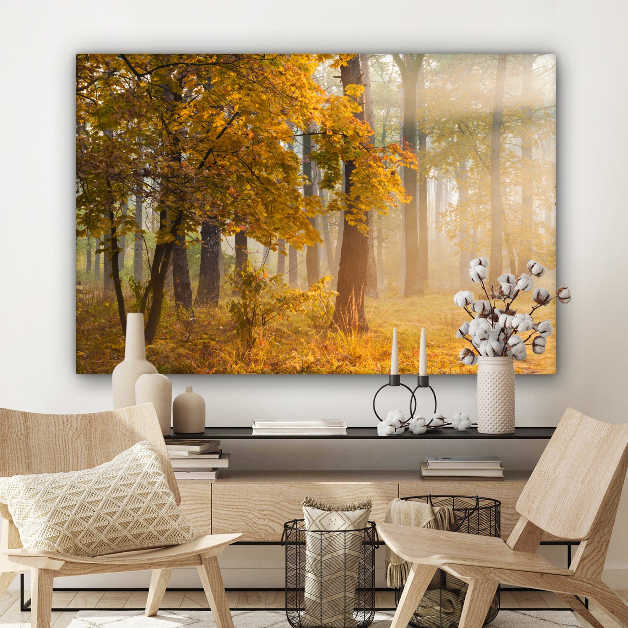 OneMillionCanvasses® Leinwandbild Herbstbäume für Gemälde, St), nebligen XXL, Wandbild cm Wohnbereiche, großes, (1 Wald, alle im 120x80