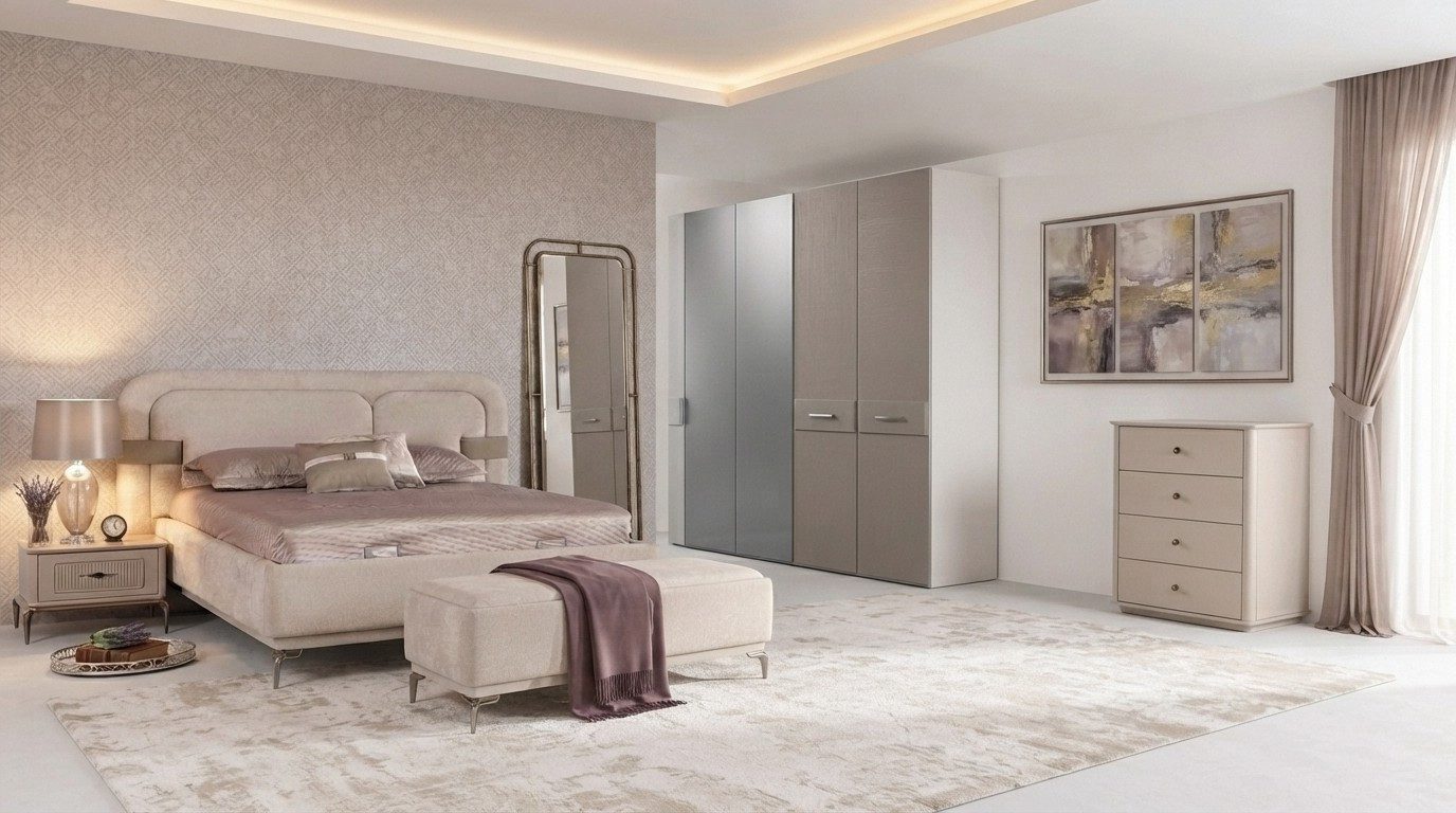 Xlmoebel Komplettschlafzimmer Bett Schrank 2x Nachttisch Kommode Beige Modern Doppelbett