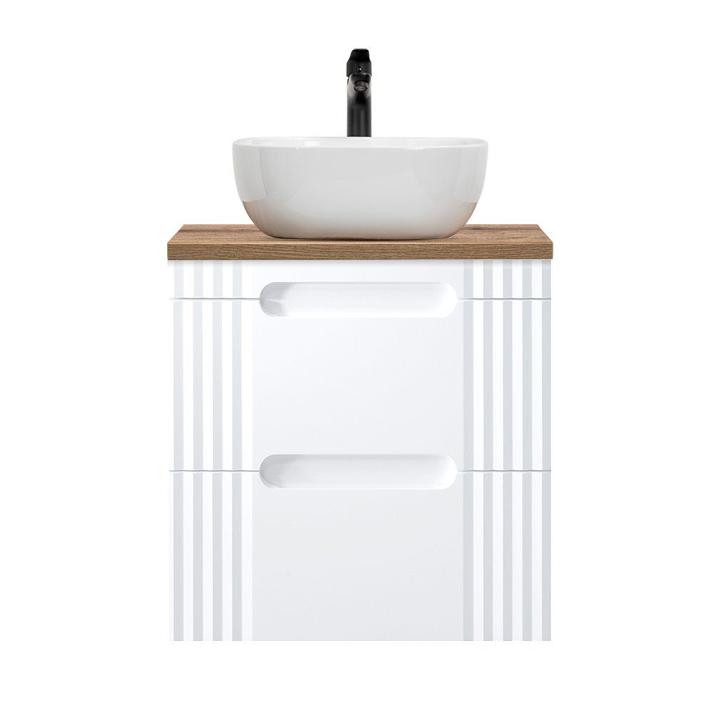 Lomadox Waschtisch FAIRFIELD-56, weiß mit Eiche Nb., Keramikaufsatzbecken, 2 Softclose Auszüge