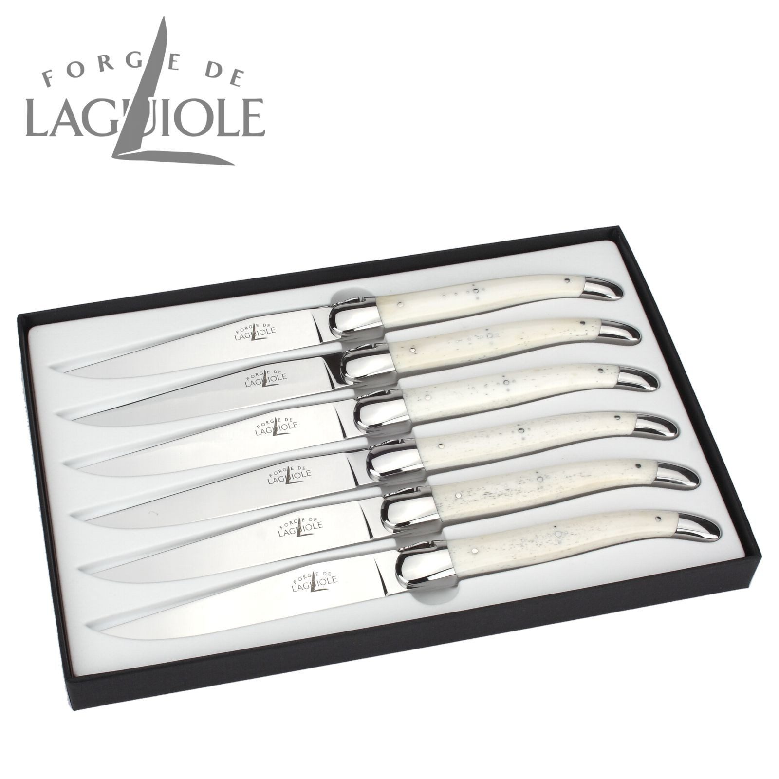 Forge de Laguiole Steakmesser T6 2M IN OS BRI 6er Set - Griff Rinderknochen - Stahl glänzend - Aufbewahrungsbox