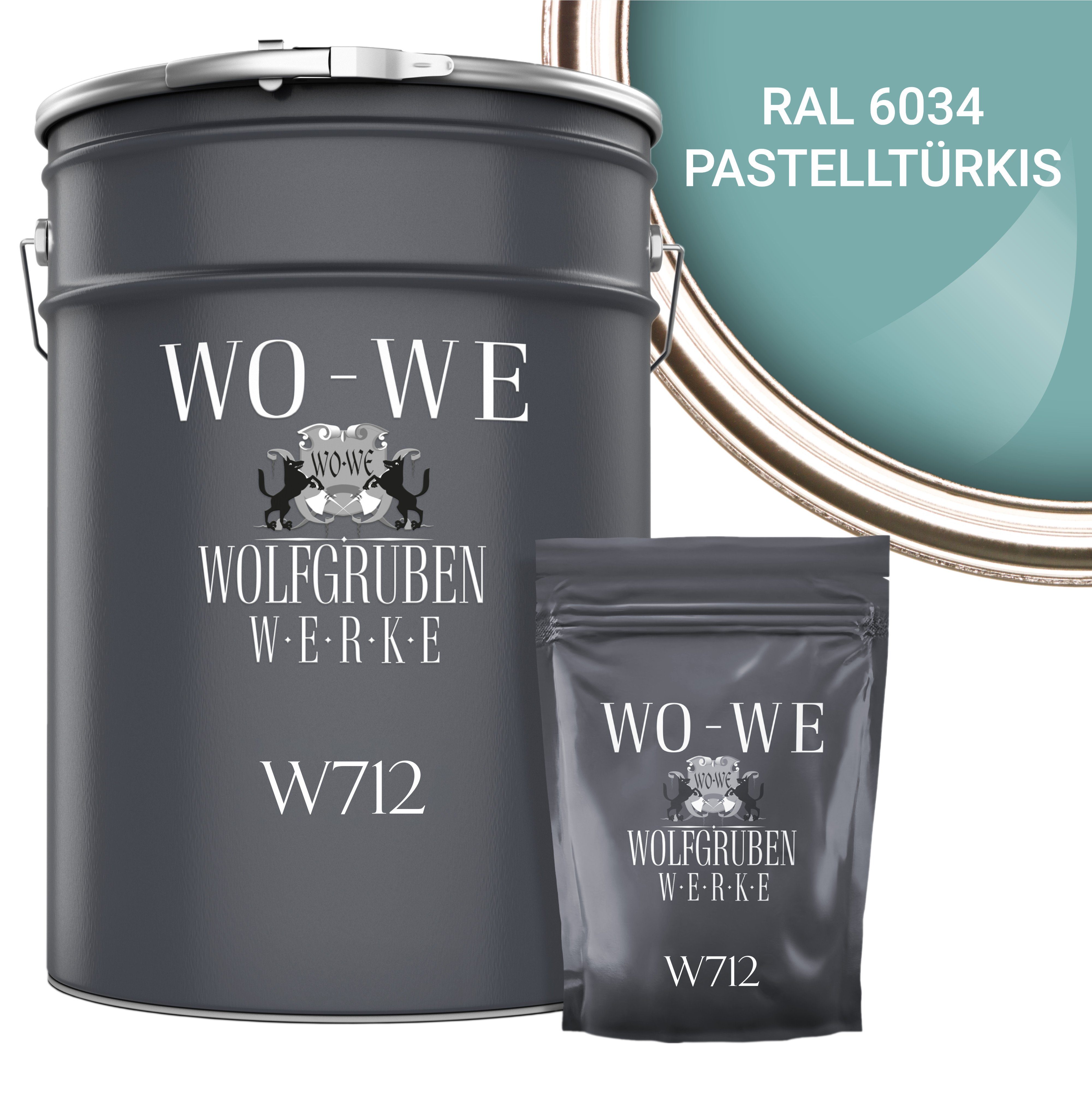 Fliesenlack Bodenfliesen Fliesenfarbe Fliesen W712, 2,5-20Kg, 6034 Lack 2K Epoxidharz RAL Pastelltürkis Seidenglänzend, WO-WE