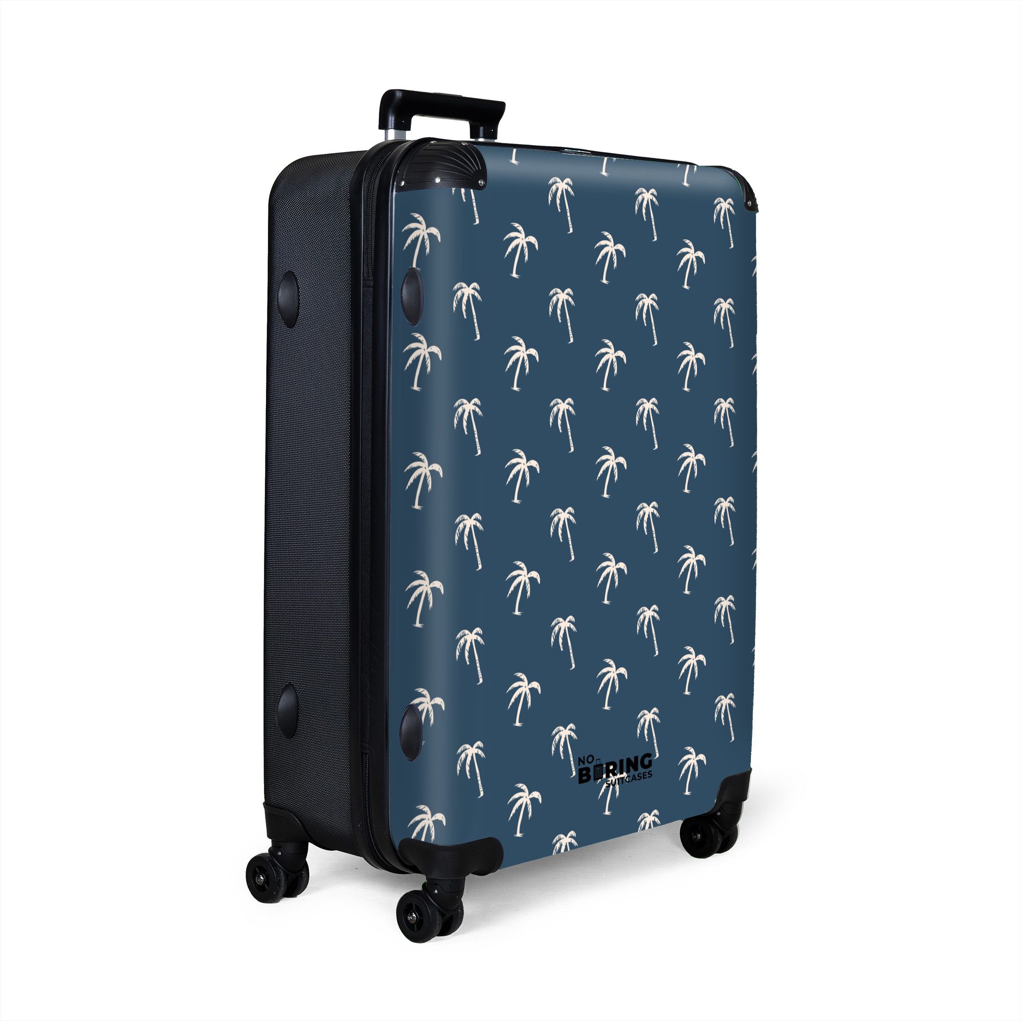 NoBoringSuitcases.com© Hartschalen-Trolley Blau mit beigem Palmenaufdruck günstig online kaufen