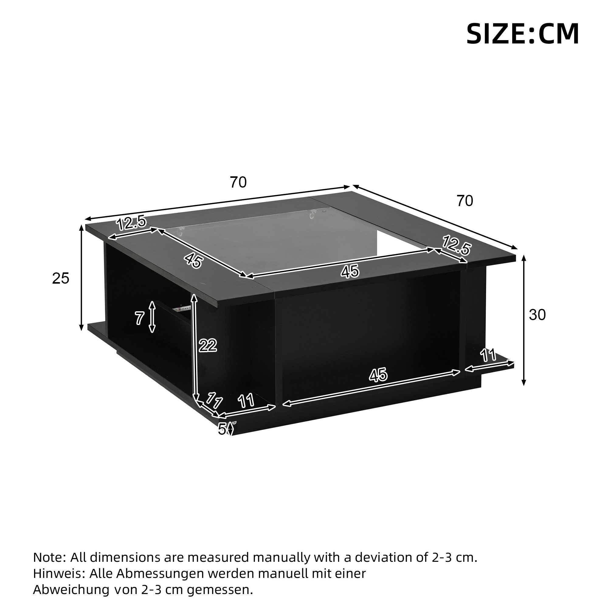 Celya Couchtisch 70x70x30 cm, Quadratischer Kaffeetisch mit LED-Beleuchtung (Hochglanzoberfläche, aus Spanplatte, bis 30 kg belastbar), Beistelltisch, Sofatisch, Wohnzimmertisch