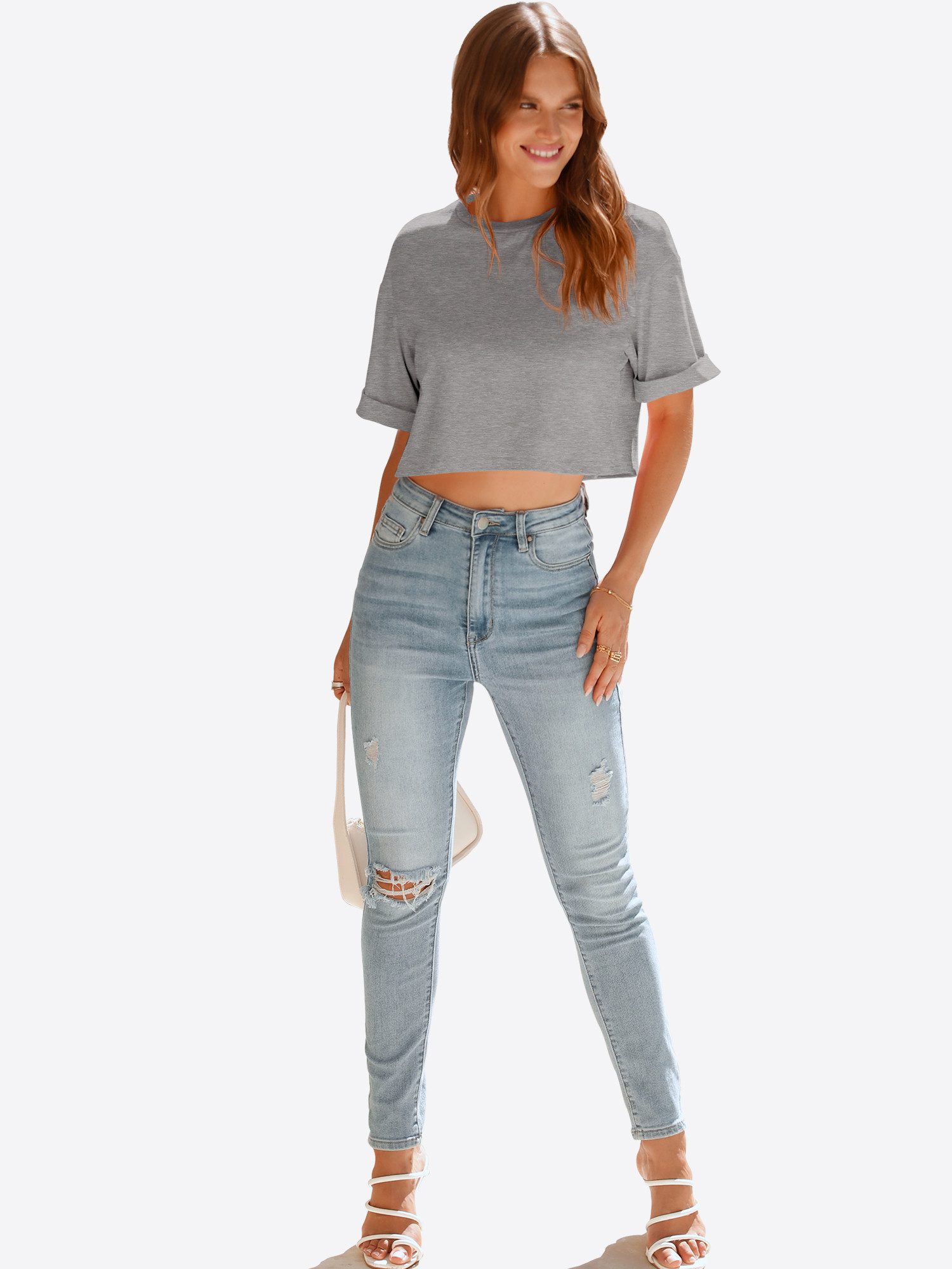 Imily Bela T-Shirt Damen bauchfreie Kurzbluse (Packung, 1-tlg., 1per-Pack) krempelbar
