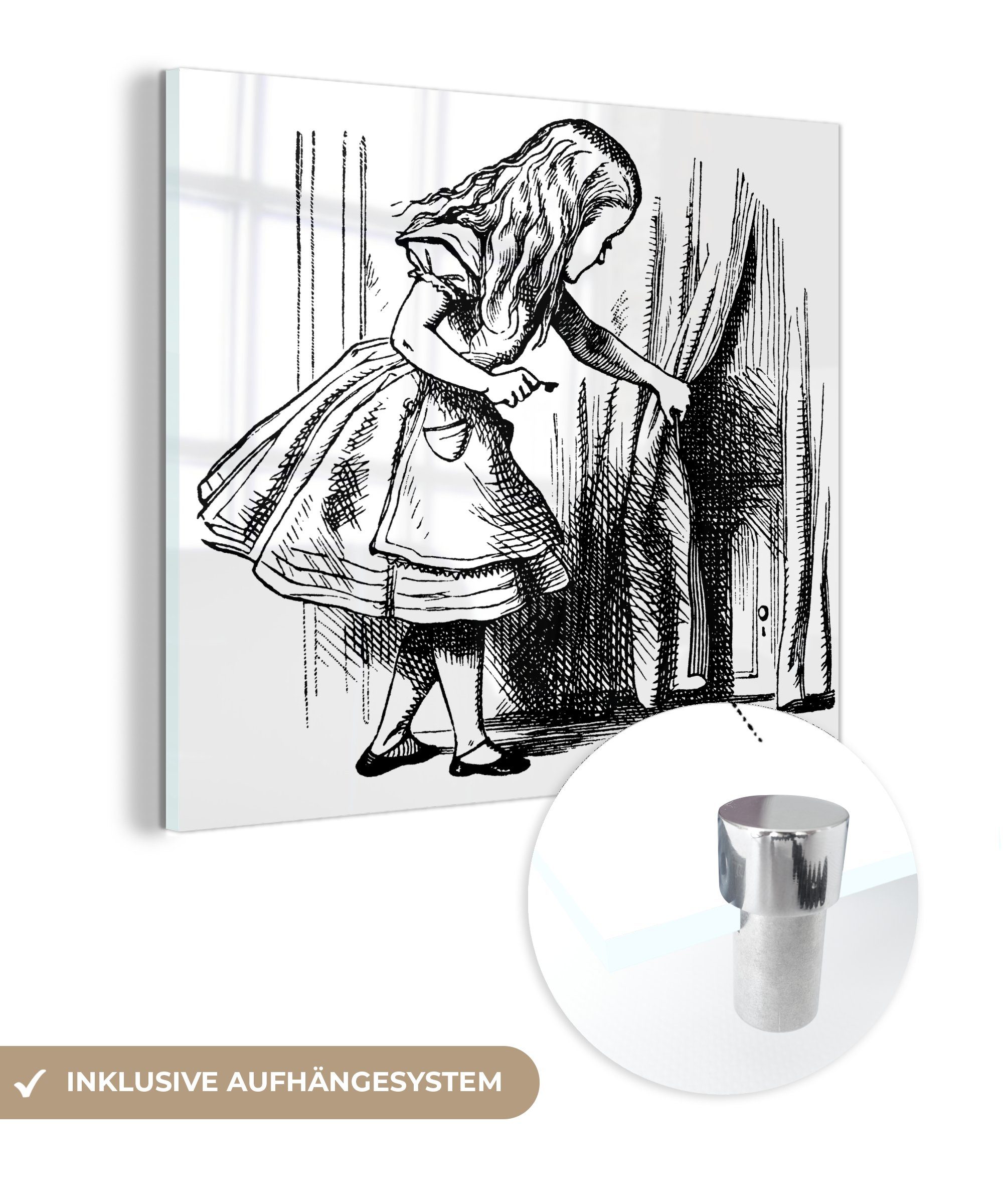 MuchoWow Acrylglasbild Vintage-Illustration Alice und die Tür - schwarz und weiß, (1 St), Glasbilder - Bilder auf Glas Wandbild - Foto auf Glas - Wanddekoration