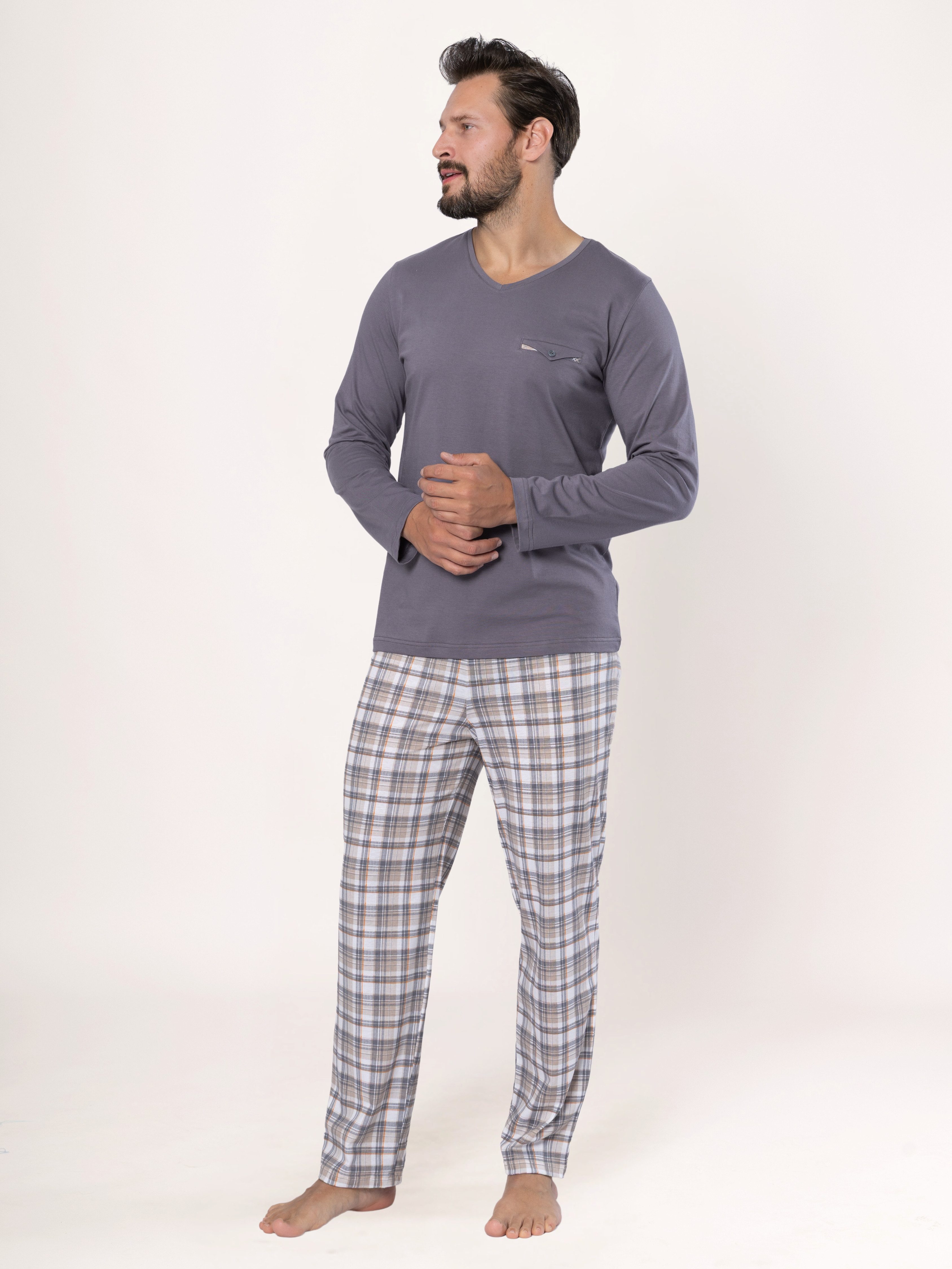 HOTBERG Pyjama langer Schlafanzug aus Baumwolle (2 tlg) Karo-Pyjamahose, Made in EU