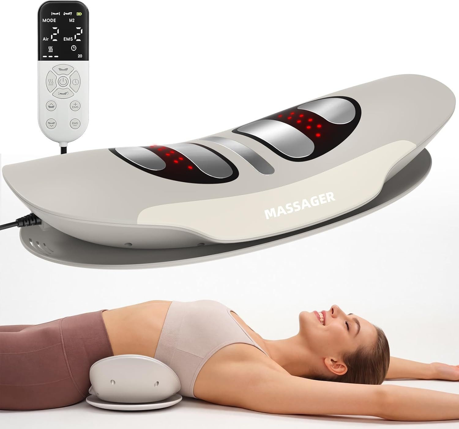 pedete Massagegerät Elektrisches Rückenmassagegerät für Lendenwirbel, Rückenmassagegerät mit Wärme & EMS-Impuls 3 Heizstufen 3 Massageprogramme, Lenden-Zugmassagegerät mit Wärme Vibration, Krümmungsfunktion, Lendenwirbel-Zugmassagegerät mit Luftkissen-Hub