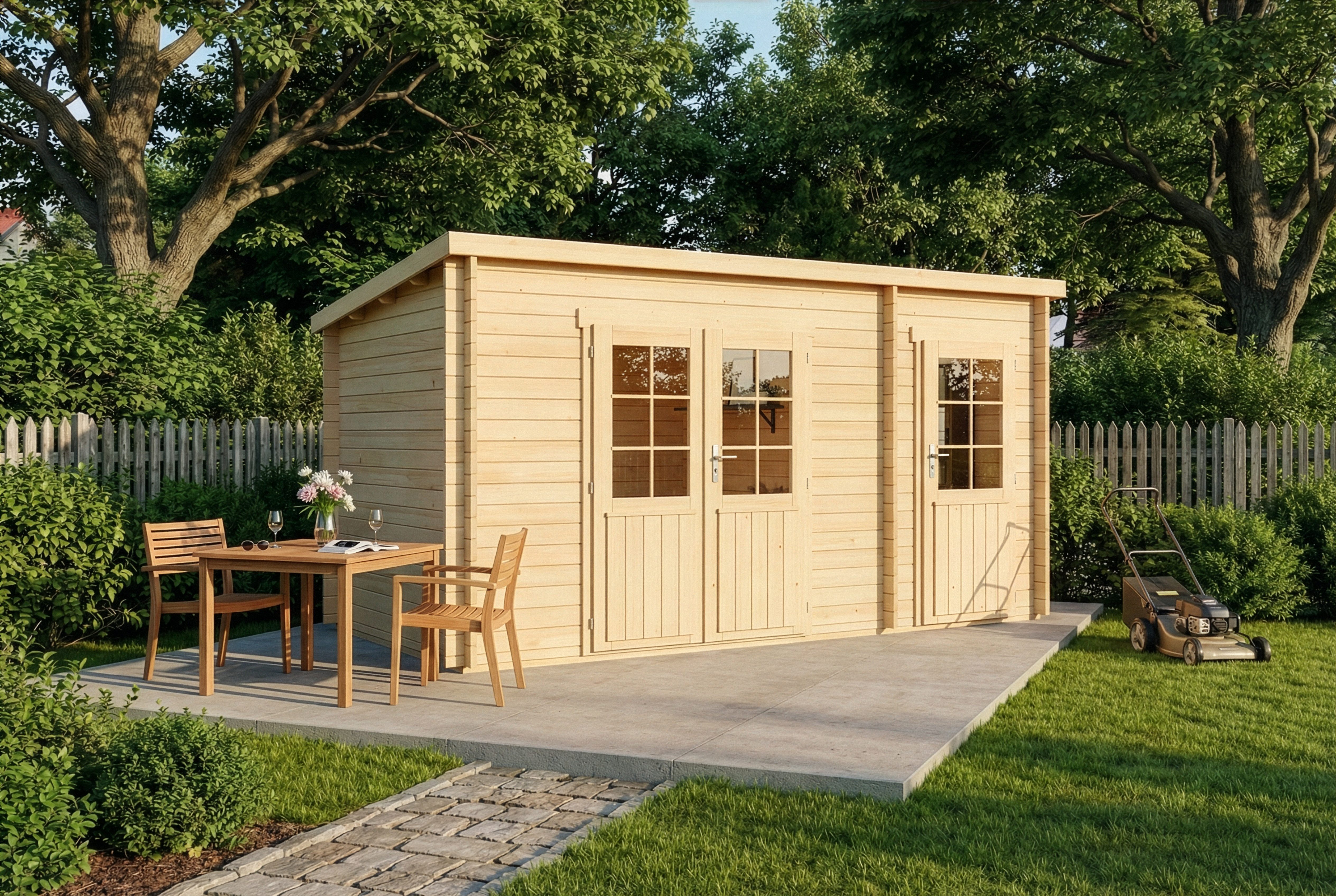 Alpholz Gartenhaus Holz Maria mit Anbau, BxT: 450x272 cm, in Naturbelassen mit 28mm Wandstärke