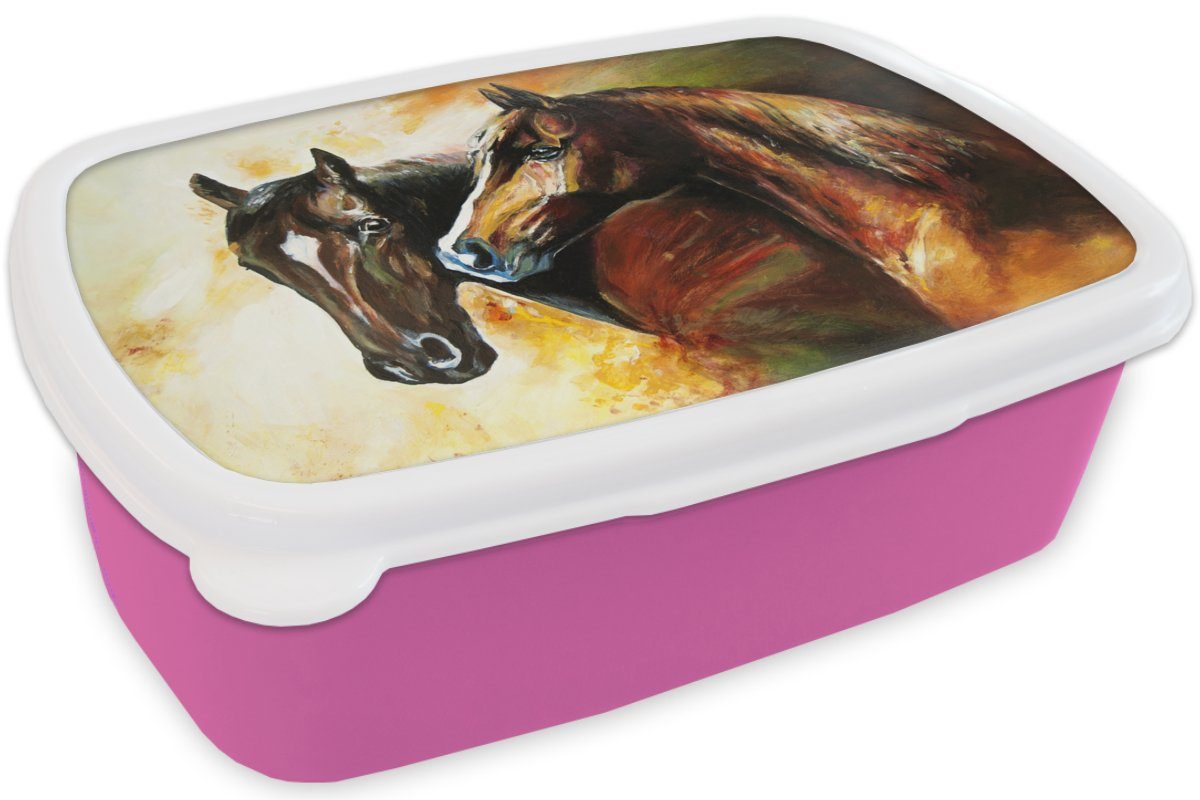 MuchoWow Lunchbox Malerei Tiere - Erwachsene, Kinder, Snackbox, Ölgemälde, - (2-tlg), Mädchen, für - rosa Brotdose Pferde Kunststoff, Brotbox Kunststoff
