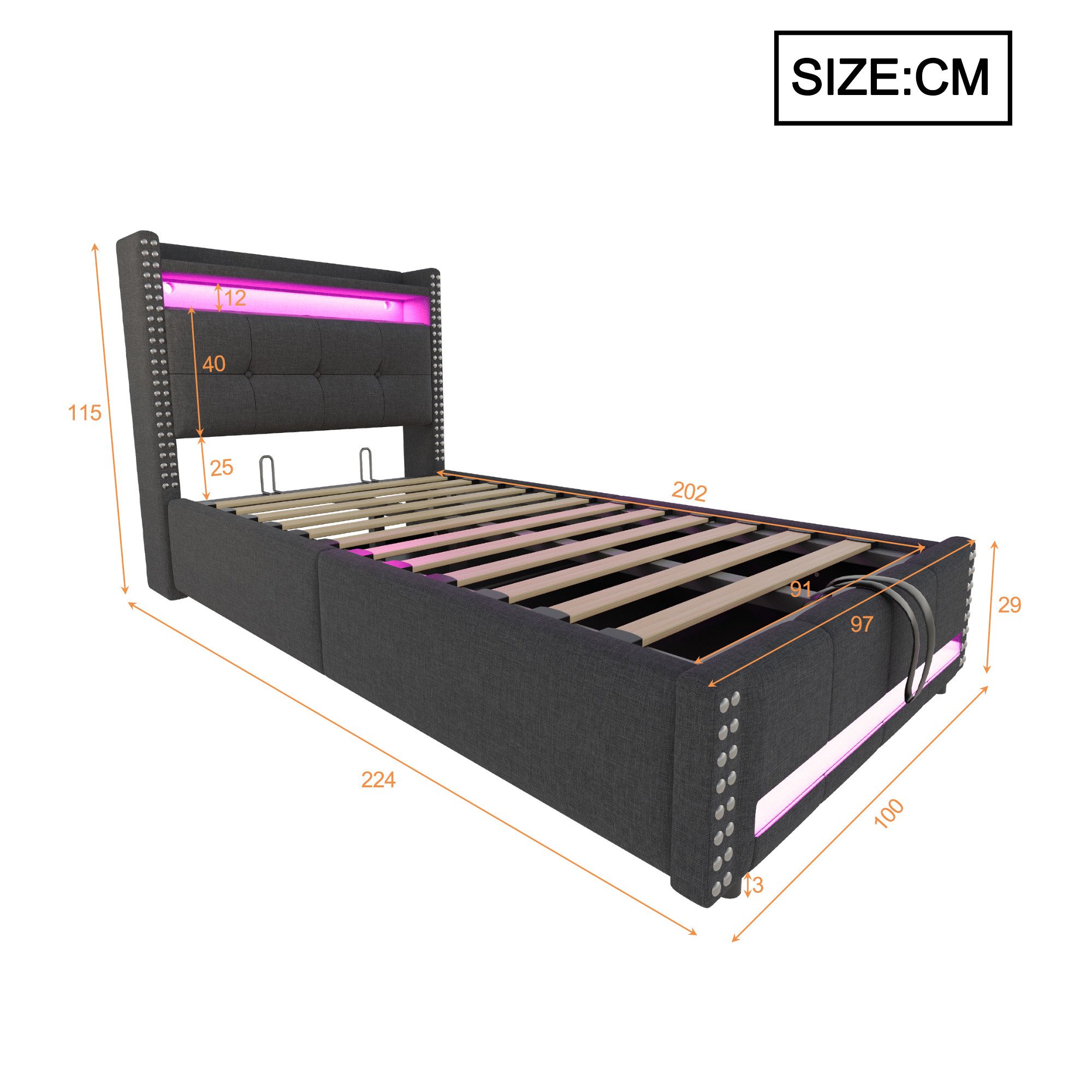 Flieks Polsterbett, LED Hydraulisches Stauraumbett Einzelbett 90x200cm mit günstig online kaufen