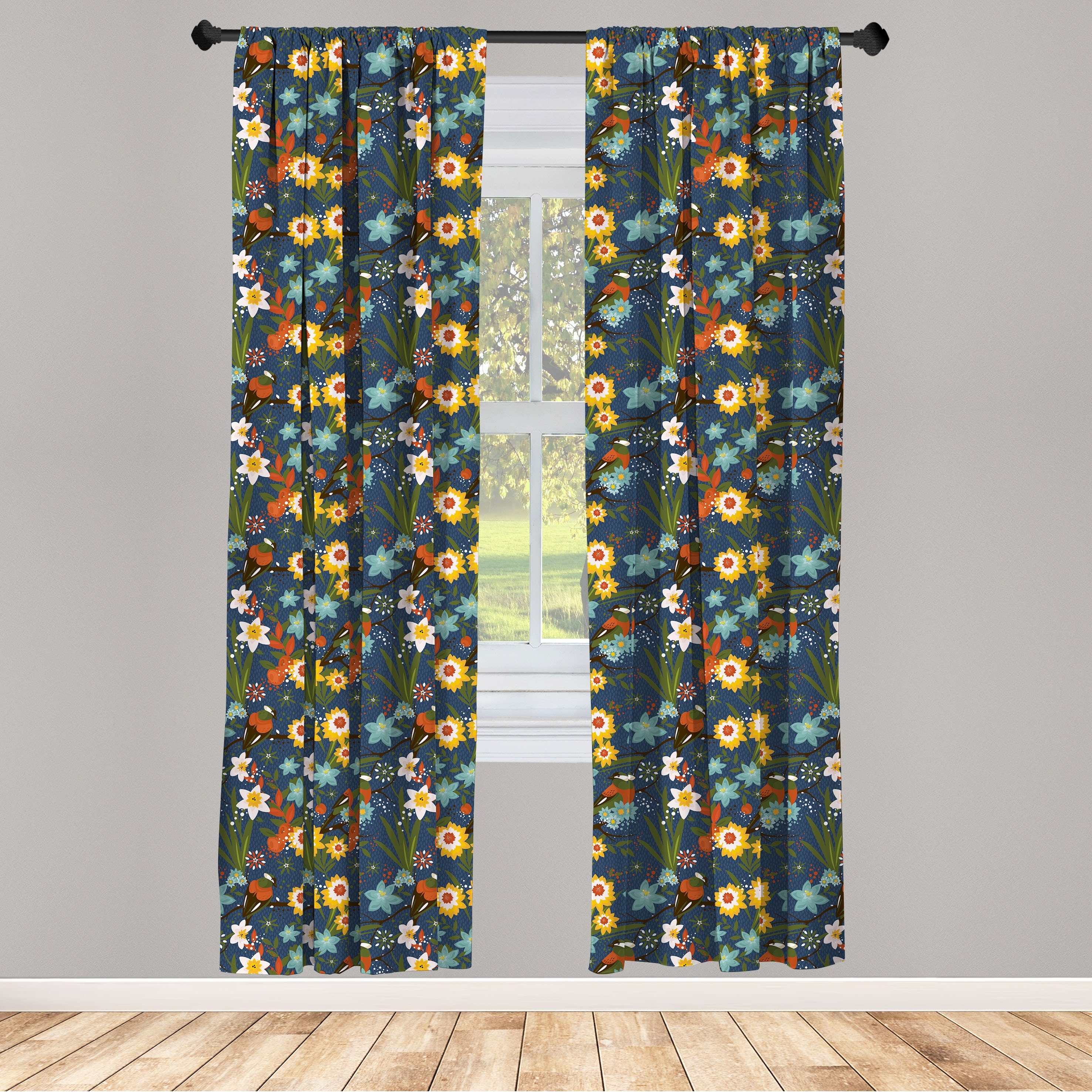 Gardine Vorhang für Wohnzimmer Schlafzimmer Dekor, Abakuhaus, Microfaser, Blumen Vintage Vögel Blüten Kunst | Fertiggardinen