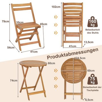 COSTWAY Balkonset, (3-tlg), 2 Personen, mit klapptisch & Stühlen, Massivholz