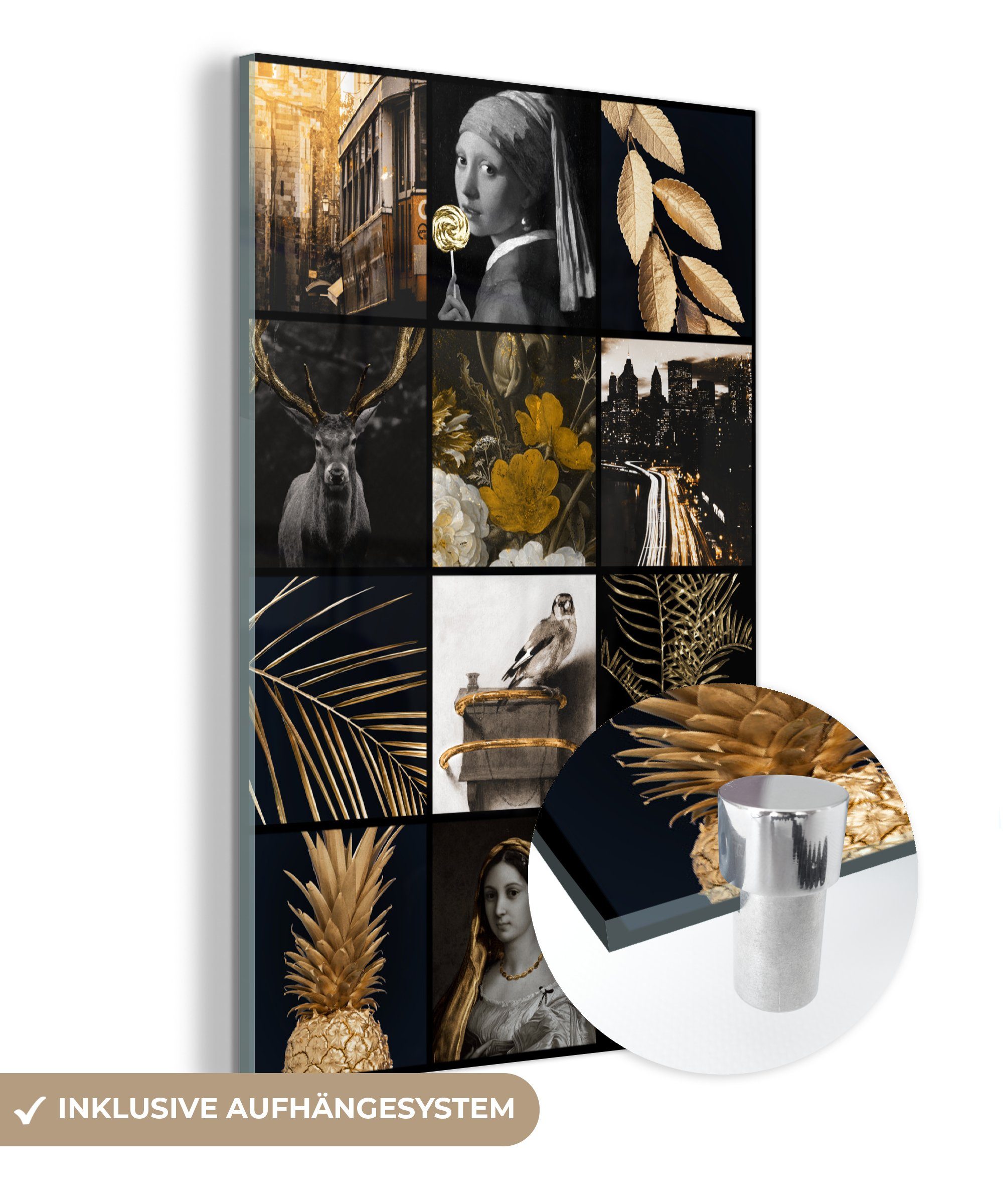 MuchoWow Acrylglasbild Collage - Gold auf Wanddekoration Wandbild (1 Bilder Kunst - Blumen, - - Glasbilder Foto St), auf Glas - - Glas