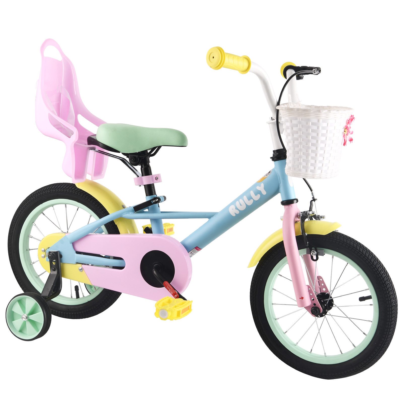 RULLY Kinderfahrrad Kinderfahrrad für Mädchen 12/14/16 Zoll, 2–7 Jahre, 1 Gang, Mit Korb, Puppensitz, Stützrädern, Schutzblech & Klingel