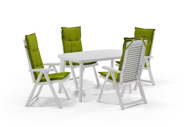 Shaf Gartenlounge-Set Shaf Diningset Milano weiß 5 teilig, mit Stühle, Tisch und Polster, klappbarer Stuhl, verstellbare Rückenlehne