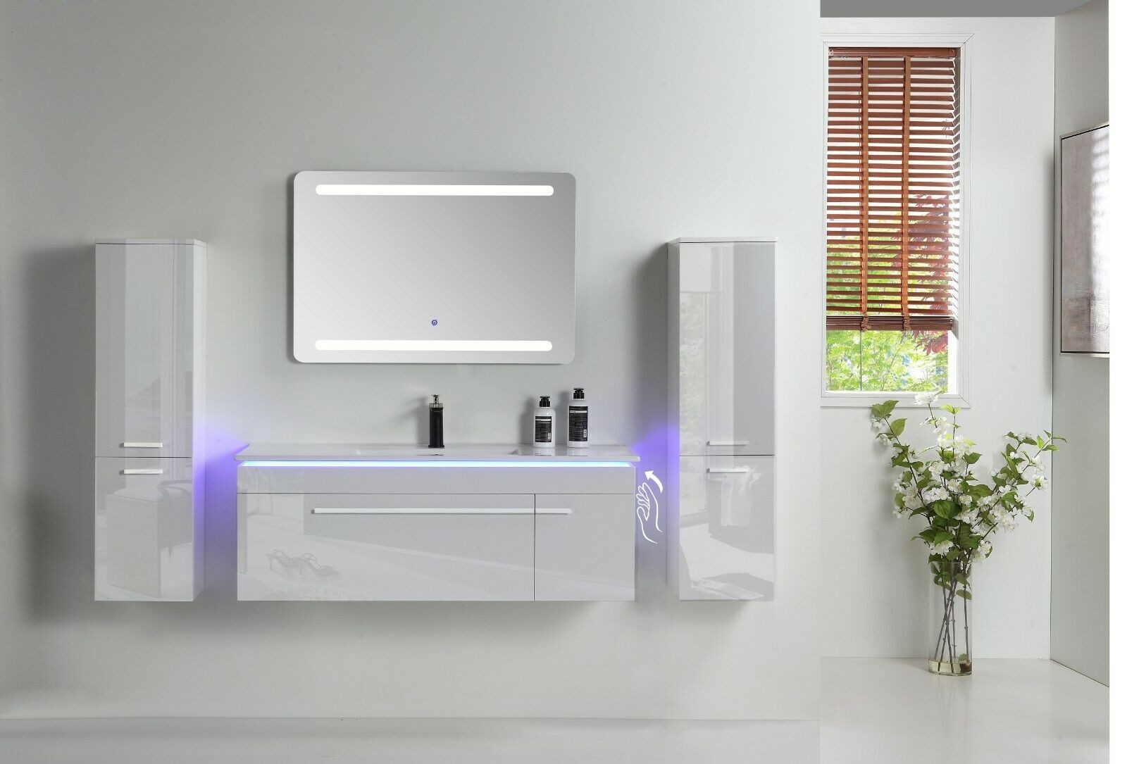Faizee Möbel Badmöbel-Set Badmöbel set, Weiß komplett 5TLG 90/120 cm, (Komplett-Set, 5-St), LED-Spiegel mit Touch Badmöbel-Set VORMONTIERT Hochglanz lackiert