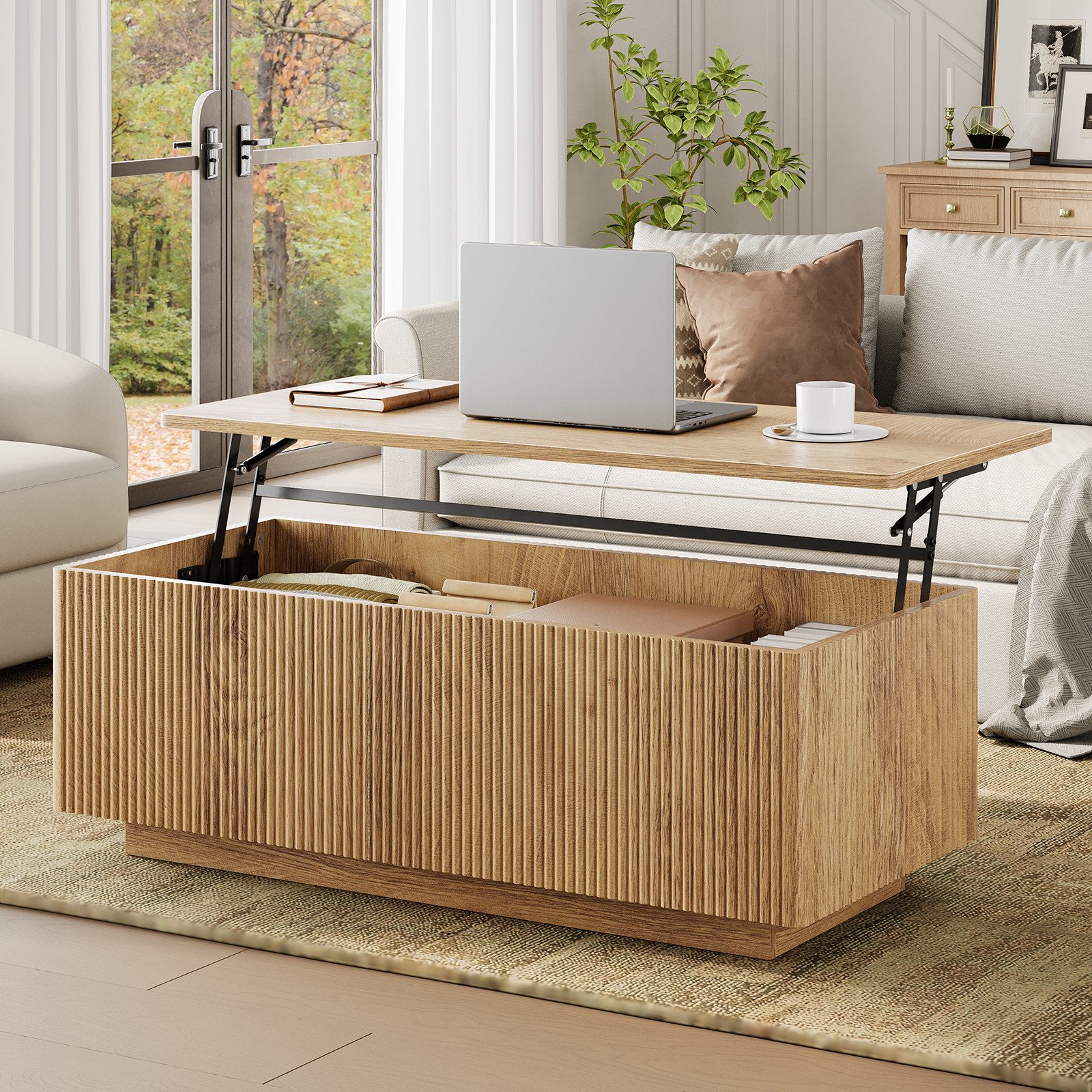 FABATO Couchtisch Lift-Couchtisch 106 cm mit großem verstecktem Stauraum (1-St., aufklappbar, Holz-Optik, Mid-Century-Modern-Stil, für Ihr Sofa), rechteckiges Fluted-Design mit abgerundeten Ecken