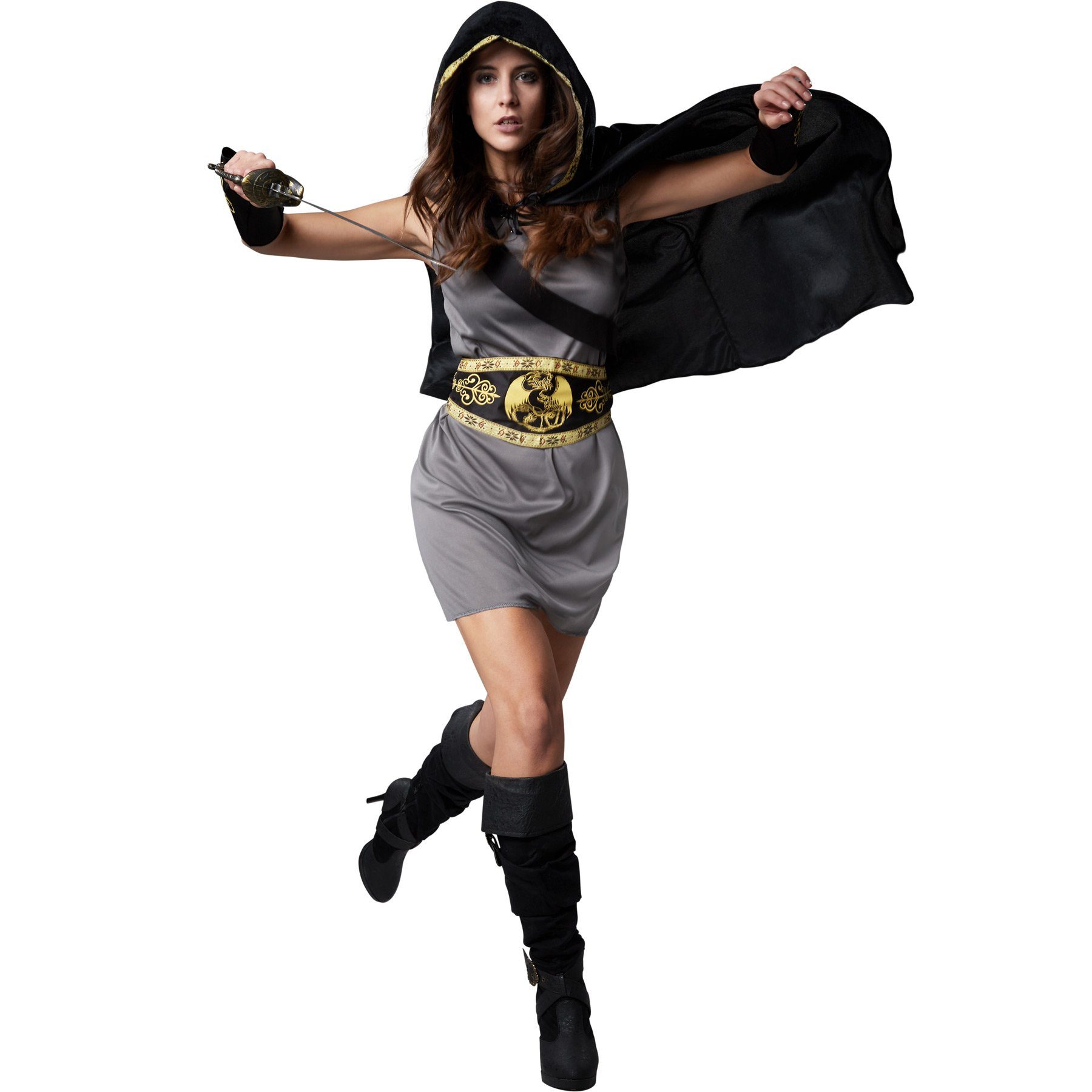 dressforfun Kostüm Frauenkostüm Flinke Jägerin, Knielanges, graues Kleid ohne Ärmel