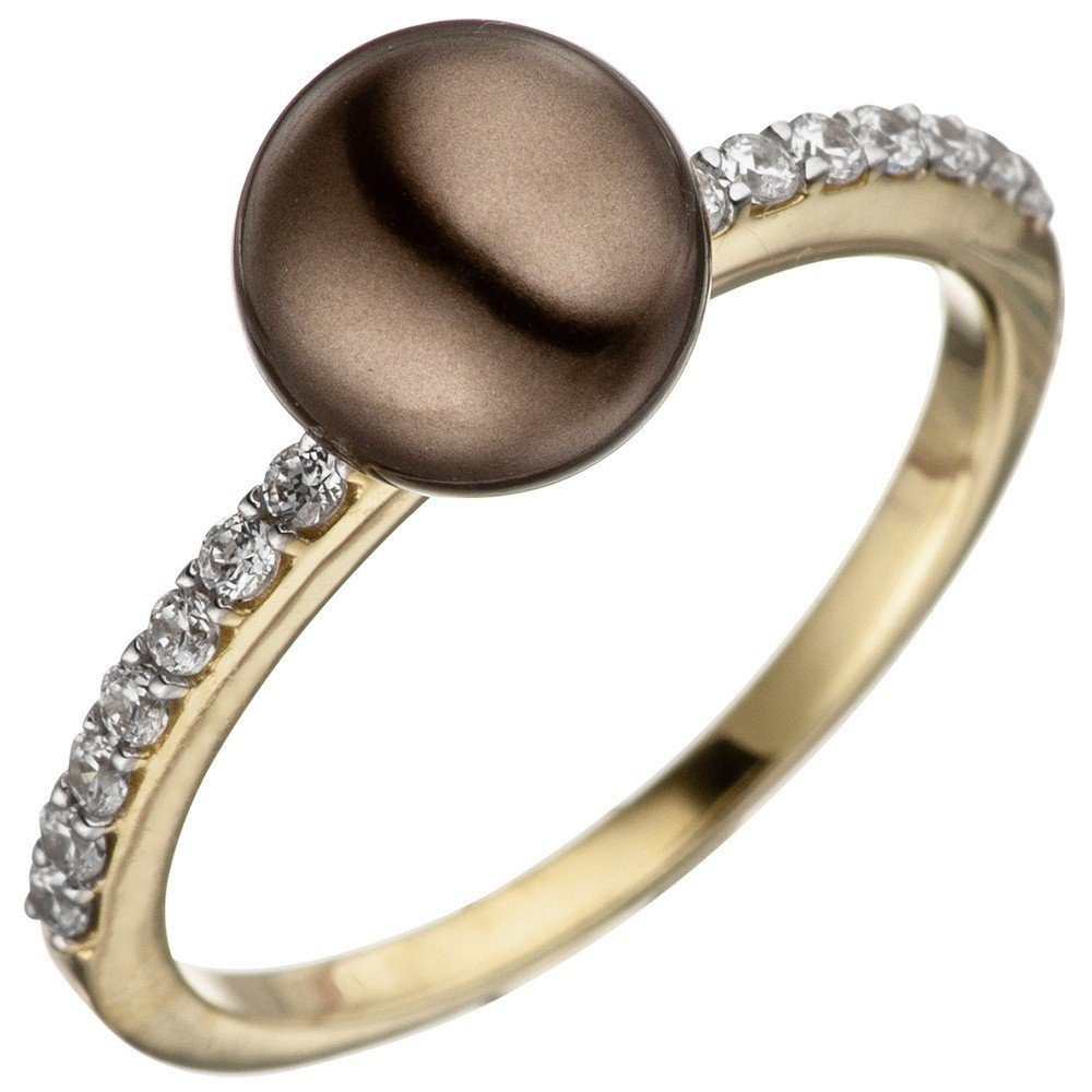 Schmuck Krone Fingerring Ring 333 Zirkonia braun Damenring Gelbgold 333 & weiß bicolor, Gold mit Gold Perle
