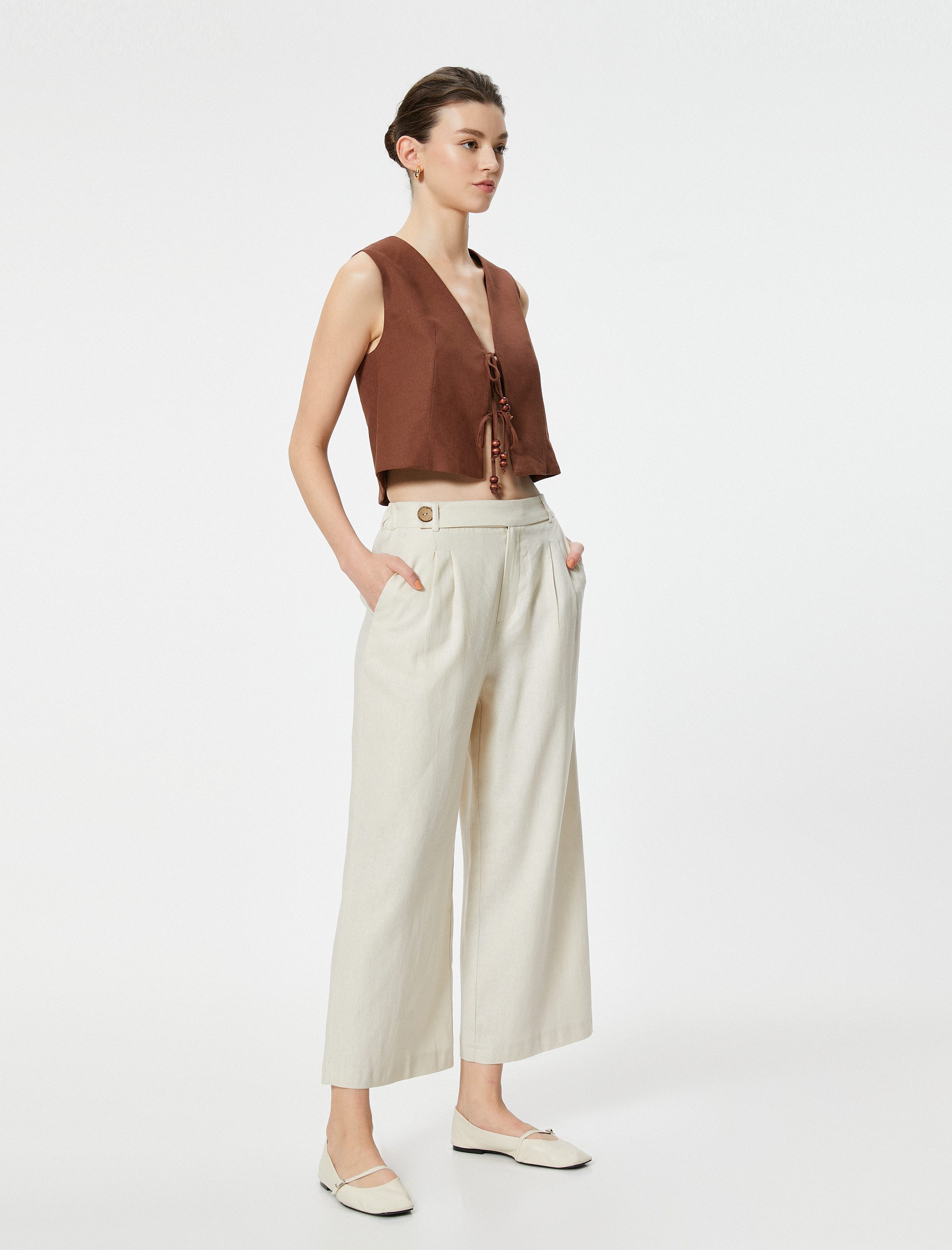 Koton Palazzohose Koton Leinen-Wide-Leg-Crop-Hose