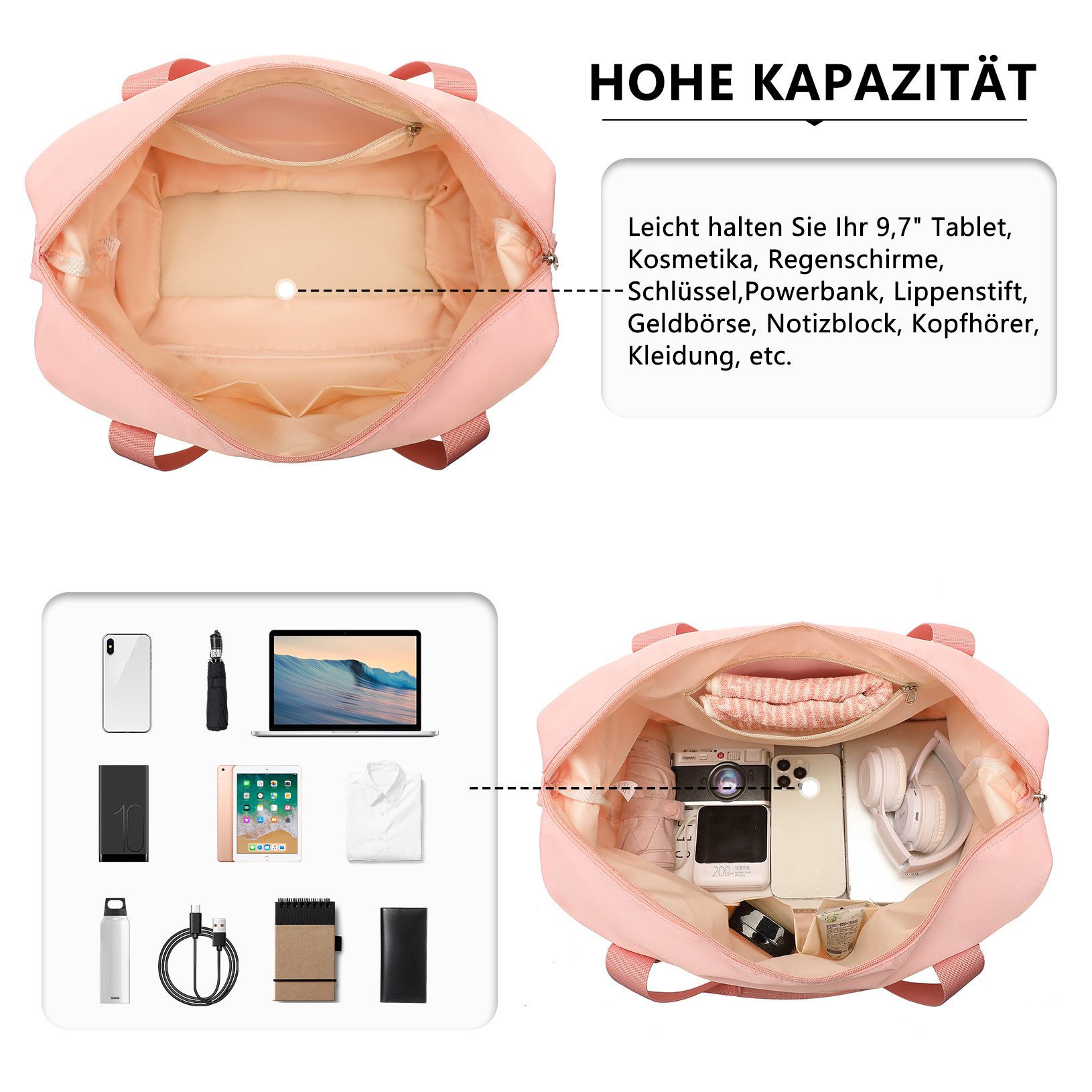 KONO Reisetasche 2-in-1 Set: Erweiterbare Handgepäck-Tasche (36L) + Kosmetiktasche, Praktisches und leichtes Design – Bild 4 von 5