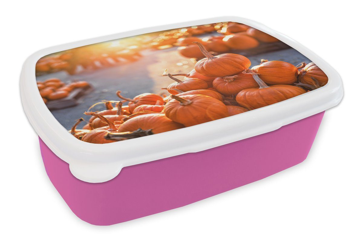 MuchoWow Lunchbox Kürbis - Herbst - Laub, Kunststoff, (2-tlg), Brotbox für Erwachsene, Brotdose Kinder, Snackbox, Mädchen, Kunststoff rosa