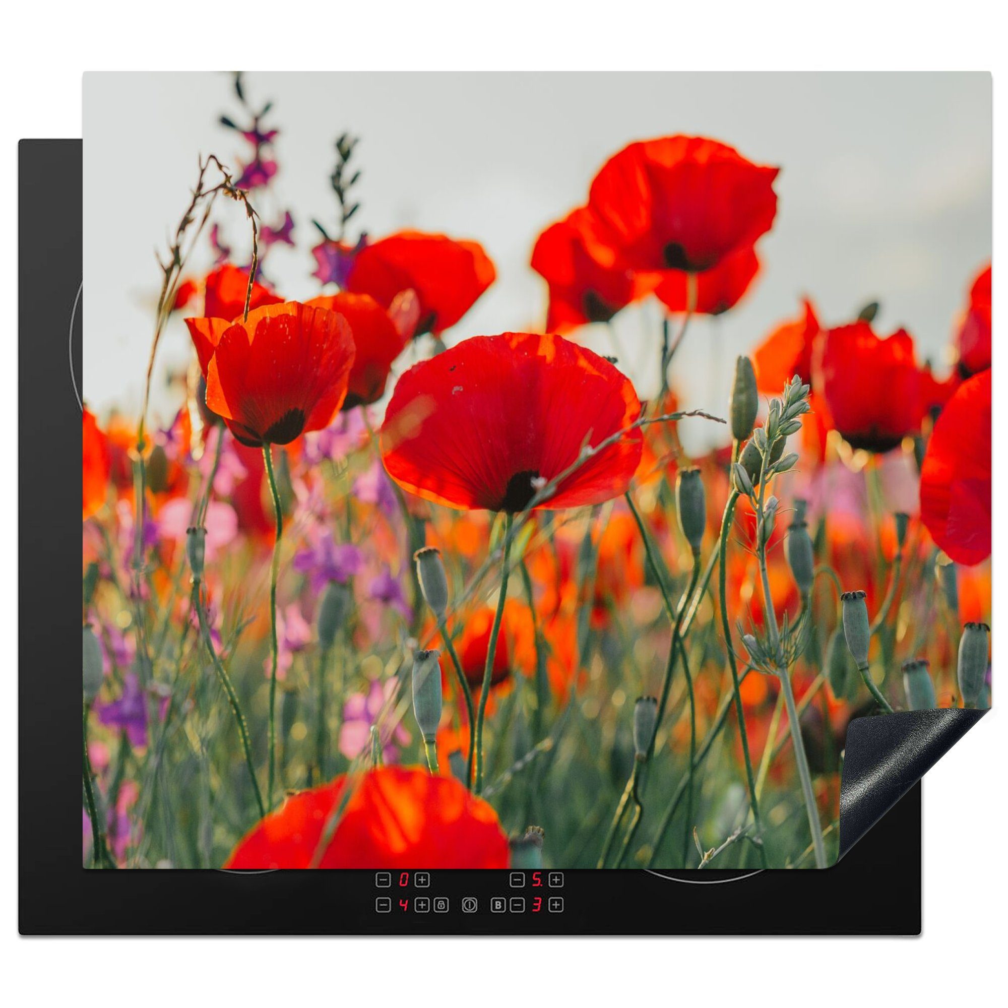 MuchoWow Herd-Abdeckplatte Mohn - Blumen - Rot - Lila - Wiese, Vinyl, (1 tlg), Küche Herdabdeckplatte Ceranfeld Vinyl Einteilig, 59x52 cm