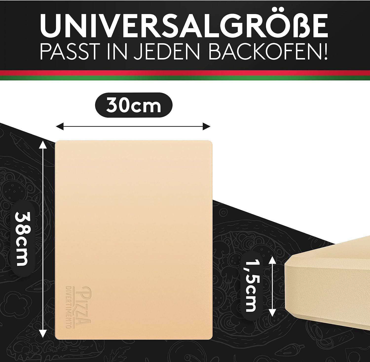 Pizza Divertimento Pizzastein Einzeln oder als Set - Für Backofen & Grill, (Cordierit-Stein - Optional mit Pizzaschieber, Schneider & Rezept-E-Book), Bis 900 Grad Celsius