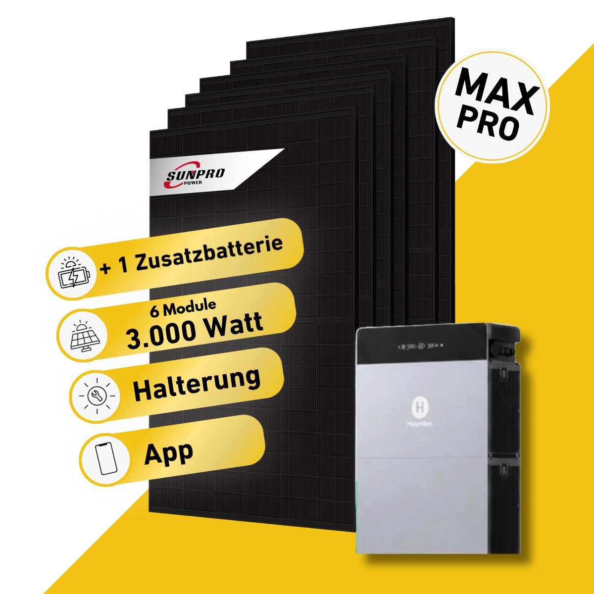Balkonstrom Balkonkraftwerk MAX Pro 3000 Watt Solaranlage mit Speicher Komplettset Bifazial, 3000 W, Monokristallin, (6x Sunpro Solarmodul á 500 Watt, 1x Hoymiles HiBattery 4020 X, 1-3 Zusatzspeicher HB-4020-S), Halterung für Dach, Fassade, Balkon & Garten, App & Plug&Play DE