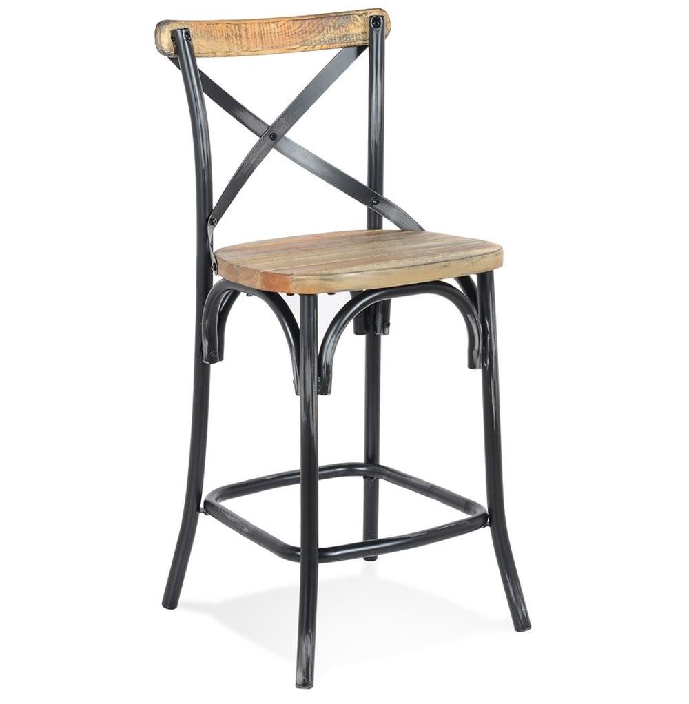 Barhocker Antik-Holz Tresenhocker, Metall-Gestell, Vintage Küchenhocker 65 cm